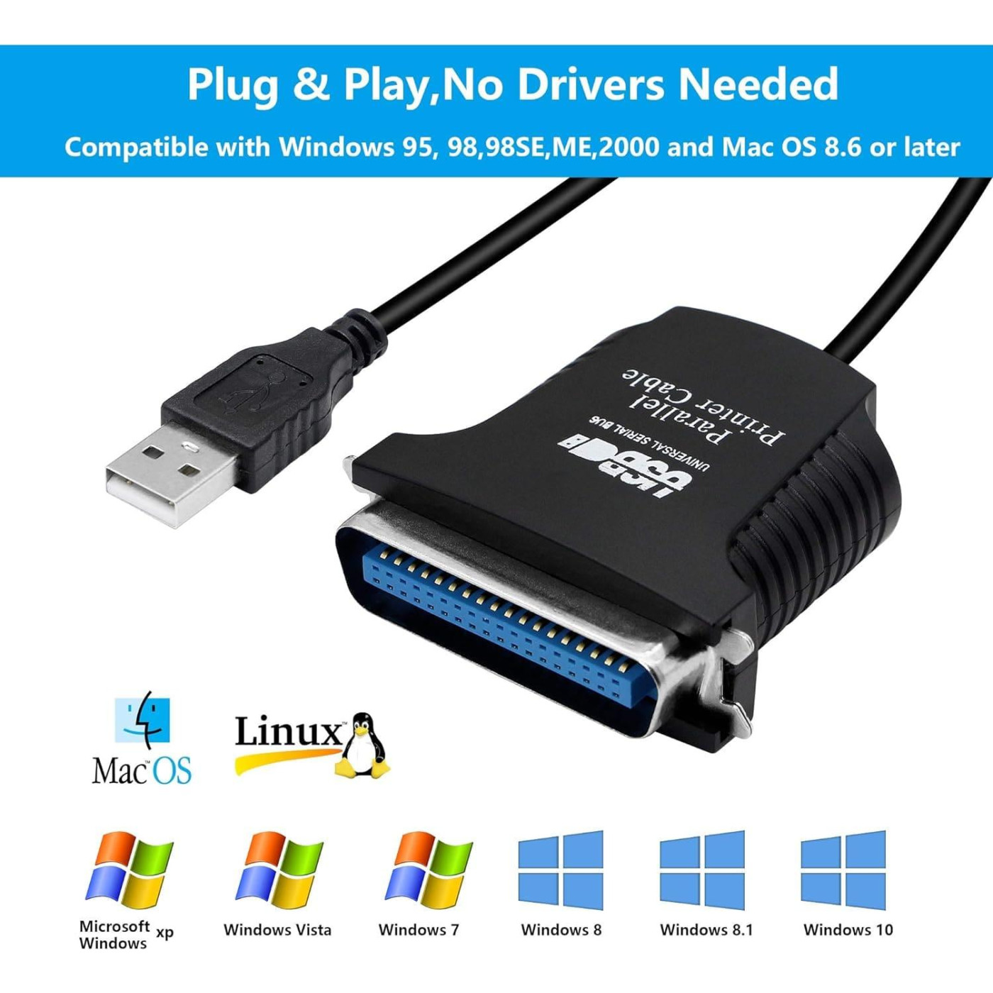 Перехідник Dynamode USB 2.0 A Male - LPT Bitronics 36-pin Male кабель 1,8 м, чипсет CH340, Win 10/8 (USB2.0-to-Parallel)