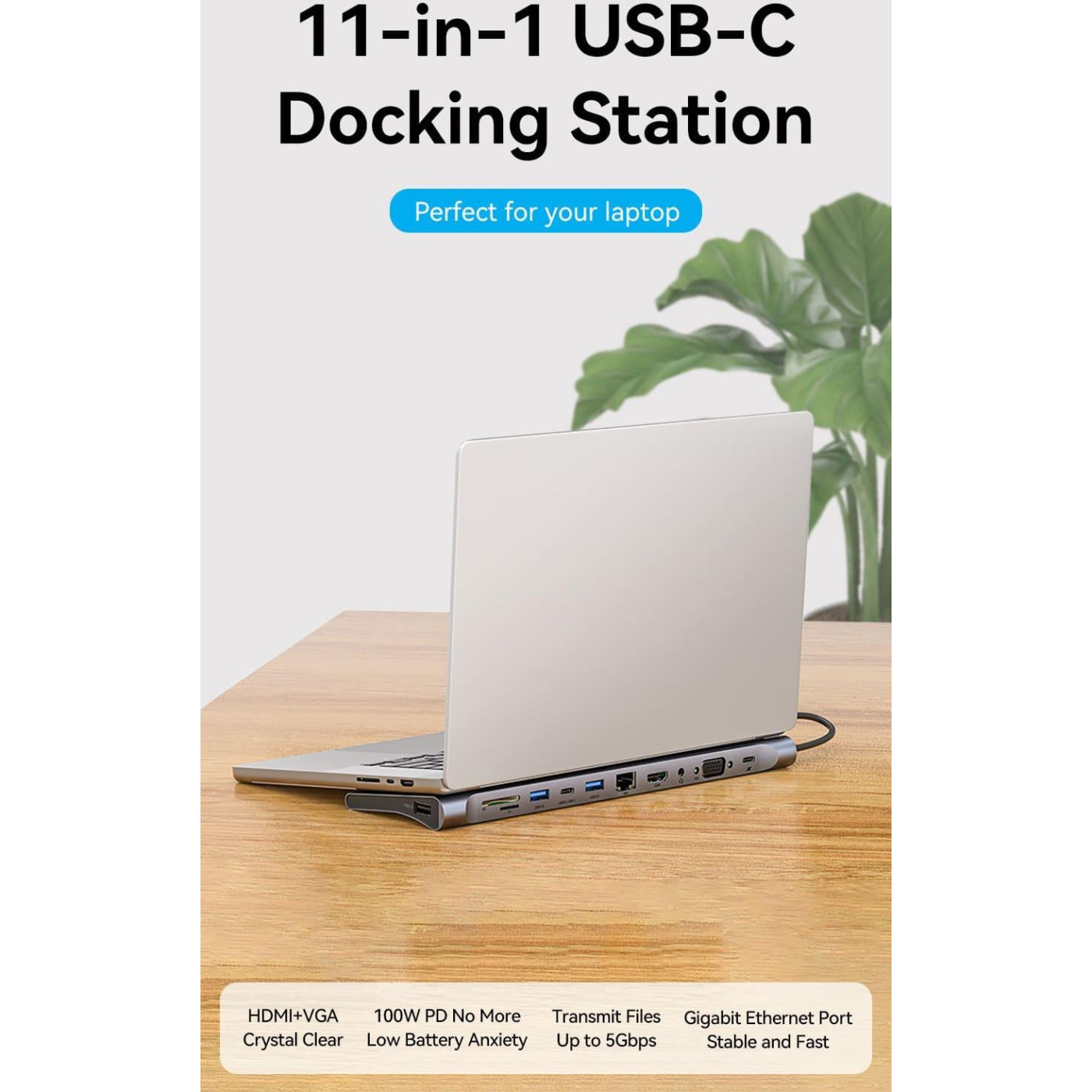 Док-станция Vention USB3.1 Type-C --> HDMI/VGA/USB-C/USB3.0x3/RJ45/SD/TF/TRRS 3.5mm/PD 100W 11in1 (THTHC)