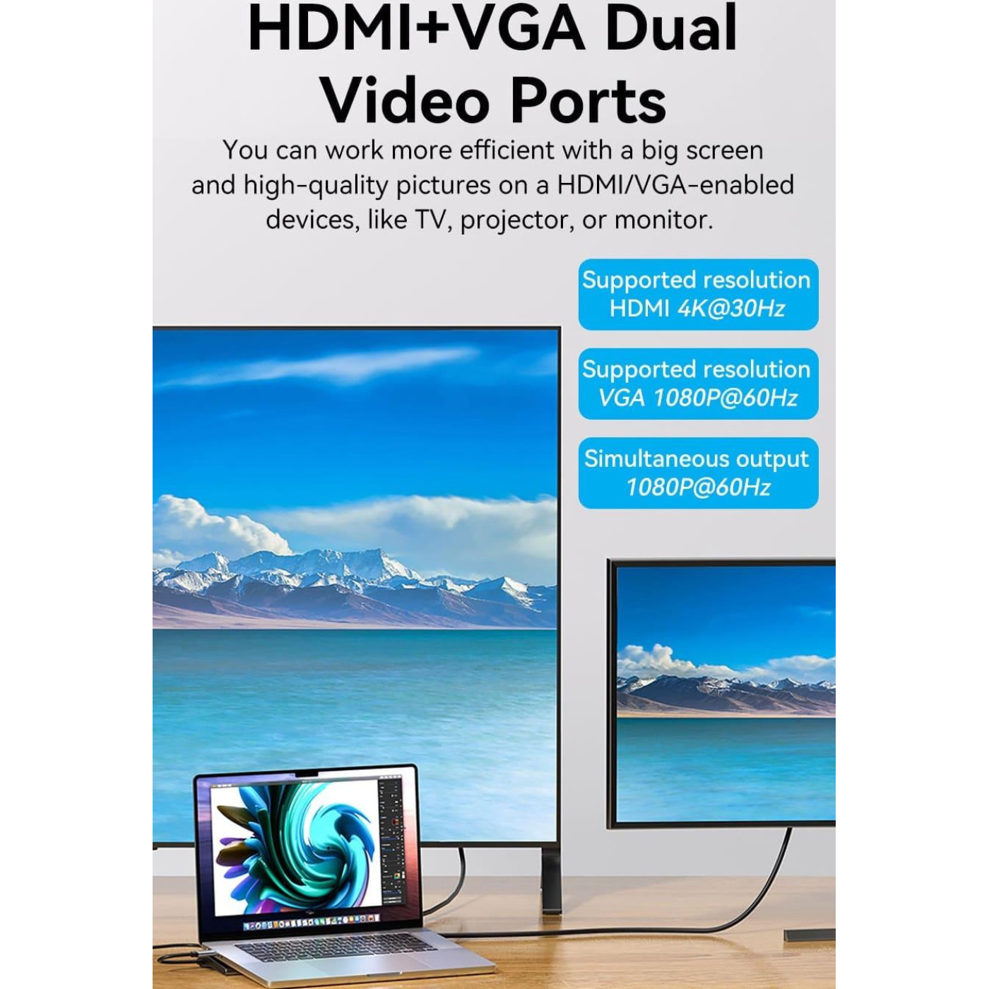 Док-станция Vention USB3.1 Type-C --> HDMI/VGA/USB-C/USB3.0x3/RJ45/SD/TF/TRRS 3.5mm/PD 100W 11in1 (THTHC)