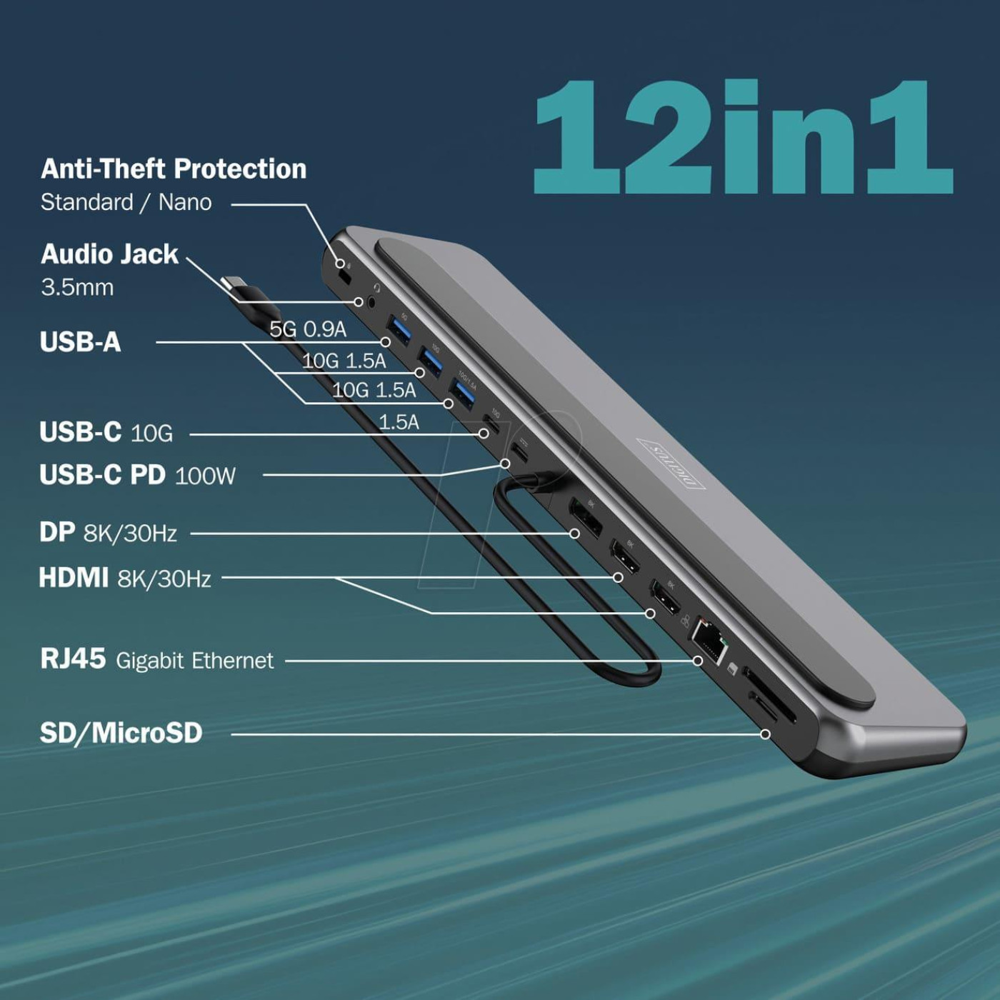 Док-станция Digitus USB-C > 2xHDMI/1xDP/3xUSB-A/USB-C/RJ54/PD/Audio (DA-70919)