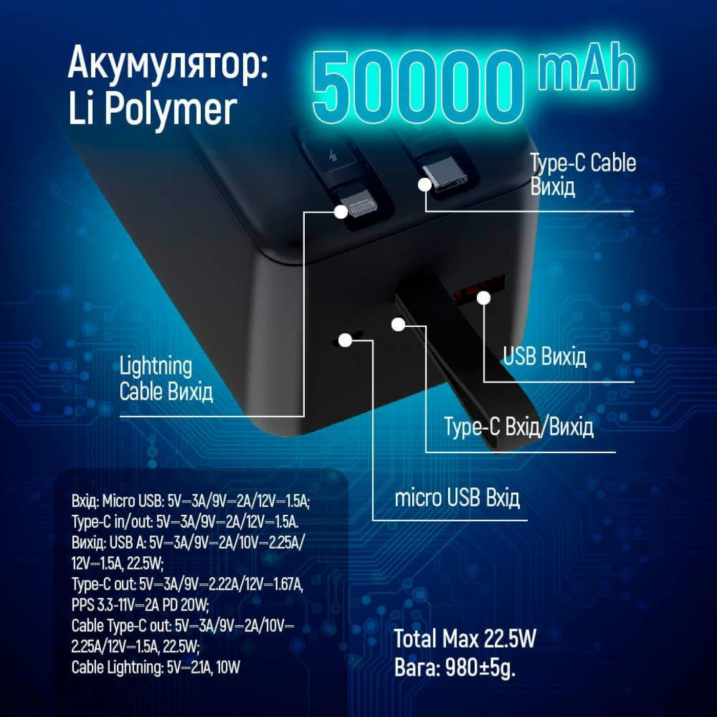Павербанк ColorWay Black 50 000 mAh / 22.5 Вт (CW-PB500LPC5BK-PDD)