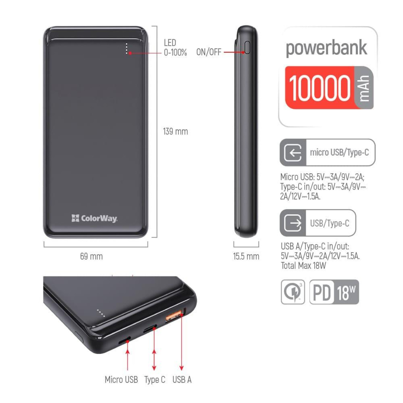 Павербанк ColorWay Black 10 000 mAh / 18 Вт (CW-PB100LPG3BK-PD)