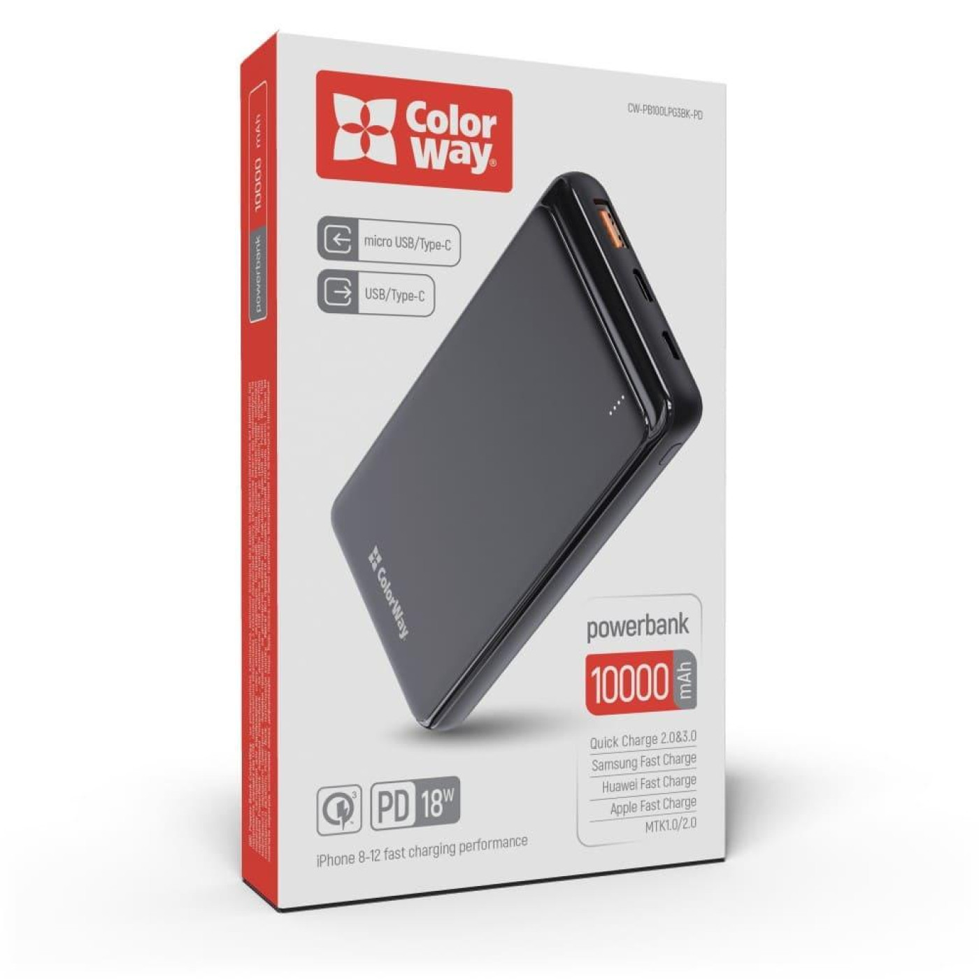 Павербанк ColorWay Black 10 000 mAh / 18 Вт (CW-PB100LPG3BK-PD)