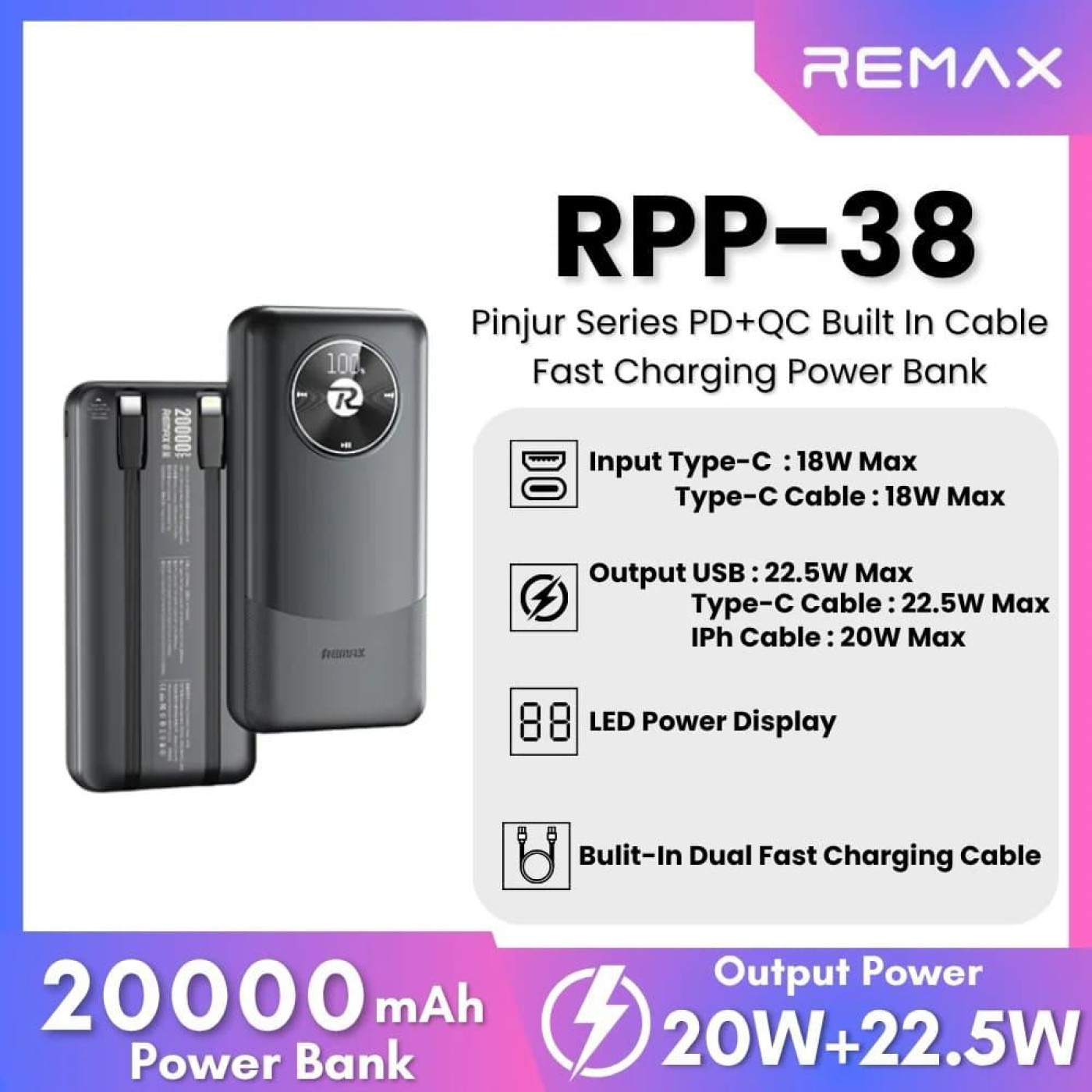 Павербанк Remax 20 000 mAh / (RPP-38)