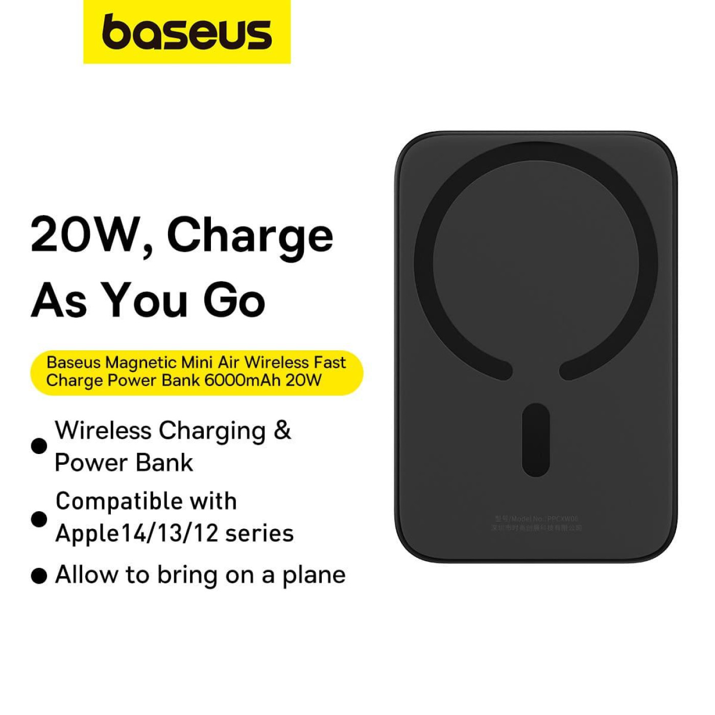 Павербанк Baseus Magnetic Wireless Mini Air Black 6 000 mAh / 20 Вт (P10059002113-00)