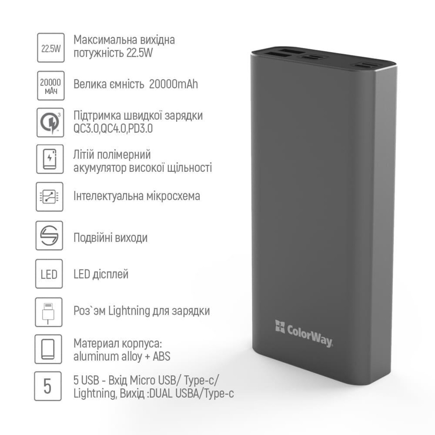 Павербанк ColorWay Gray 20 000 mAh / 22.5 Вт (CW-PB200LPH3GR-PDD)