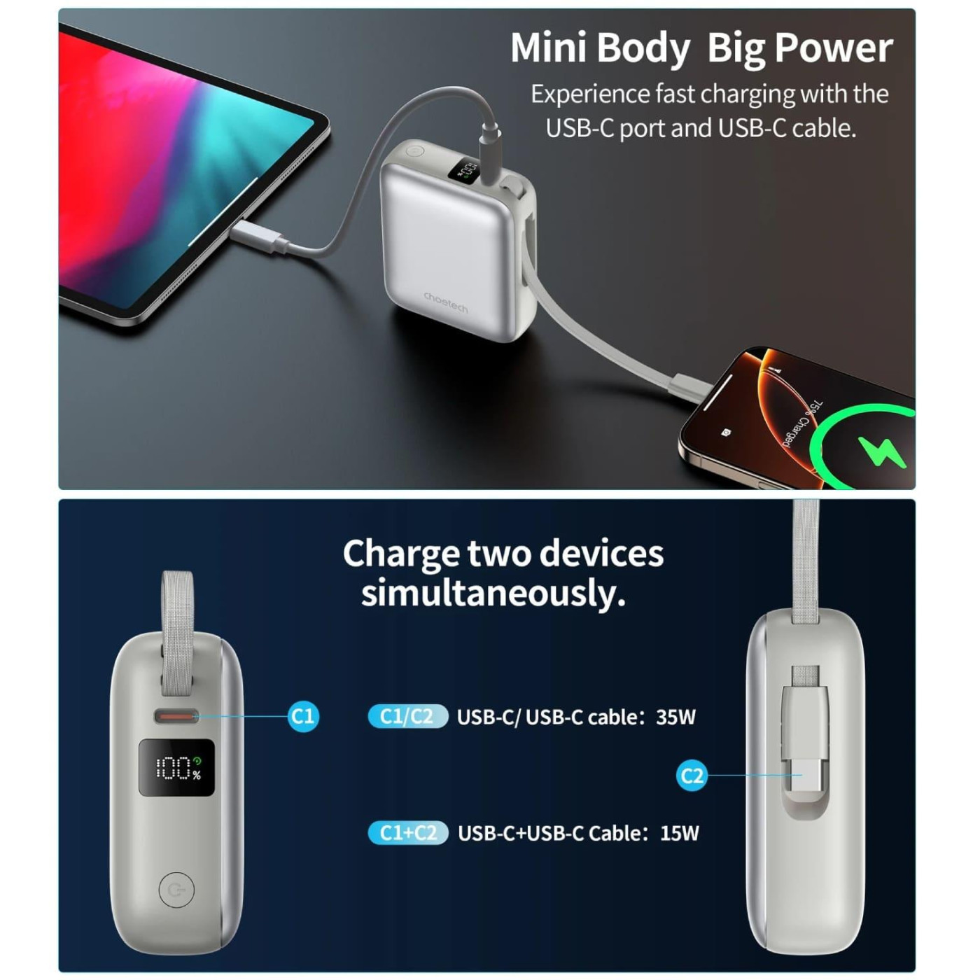 Павербанк Choetech Gray 10 000 mAh / 35 Вт (B832-GY)