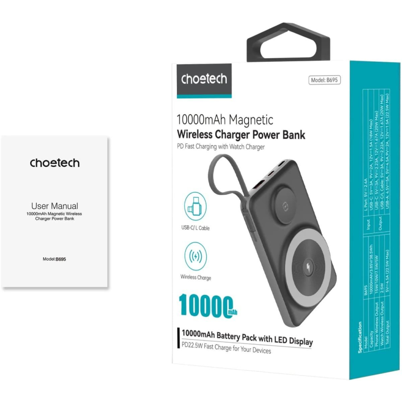 Павербанк Choetech Magnetic Wireless Black 10 000 mAh / 22.5 Вт (B695-BK)