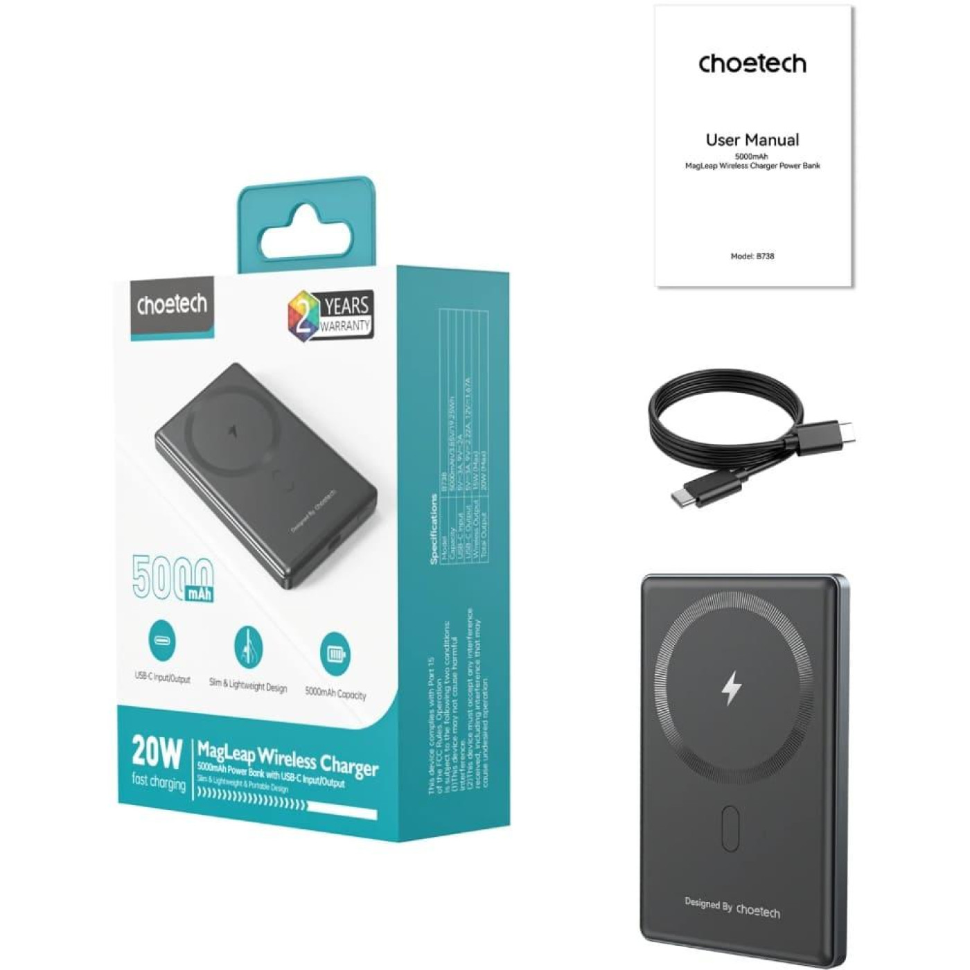 Павербанк Choetech Magnetic Wireless Black 5 000 mAh / 20 Вт (B738-CCBK)
