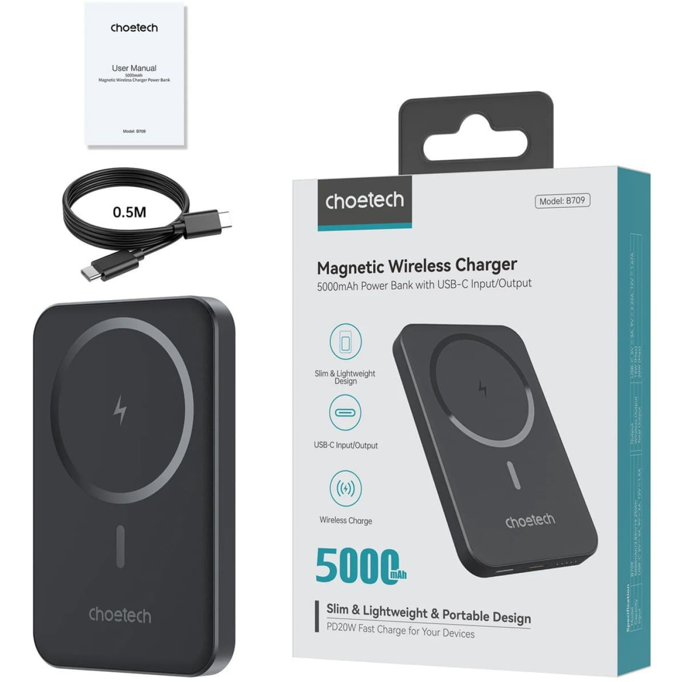 Павербанк Choetech Magnetic Wireless Black 5 000 mAh / 15 Вт (B709-CCBK)