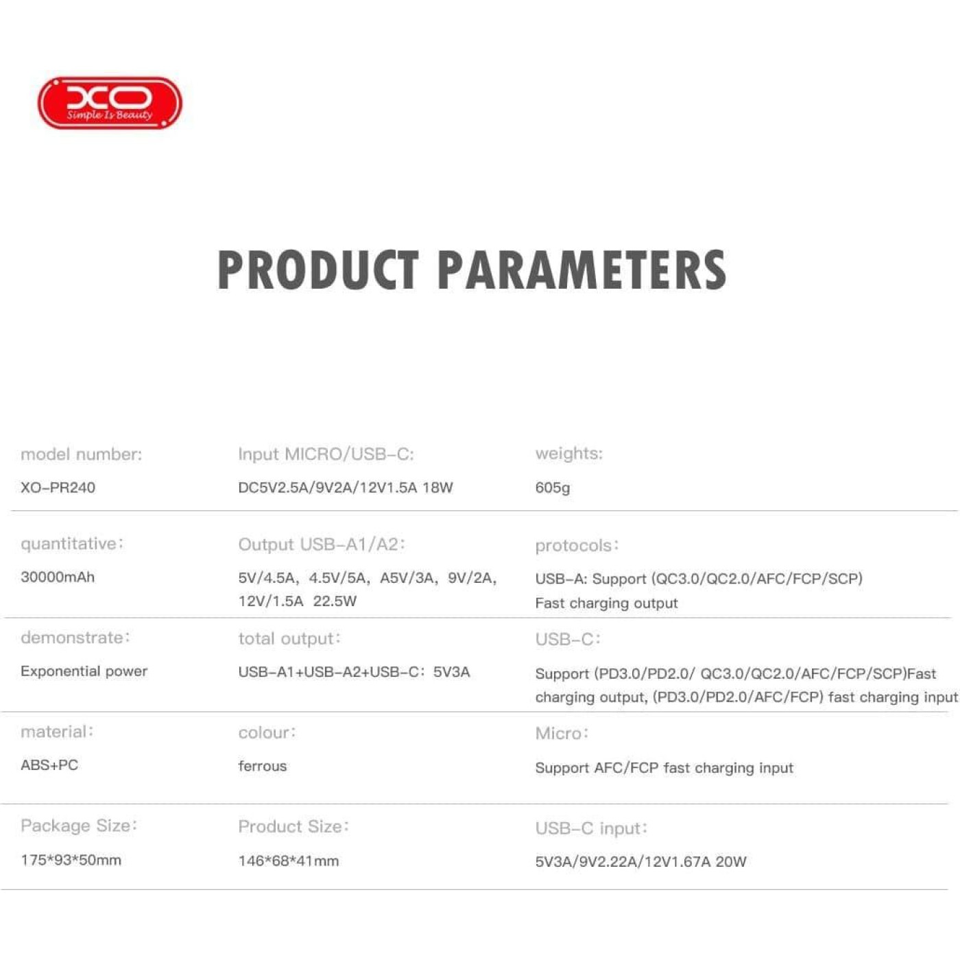 Павербанк XO Black 30 000 mAh / 22.5 Вт (PR240.black)