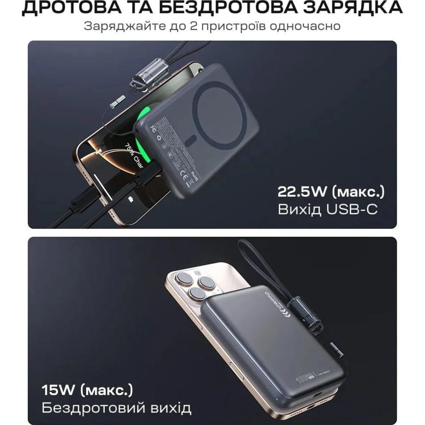 Универсальна мобильна батарея Choetech B862 10000mAh 22.5W Black