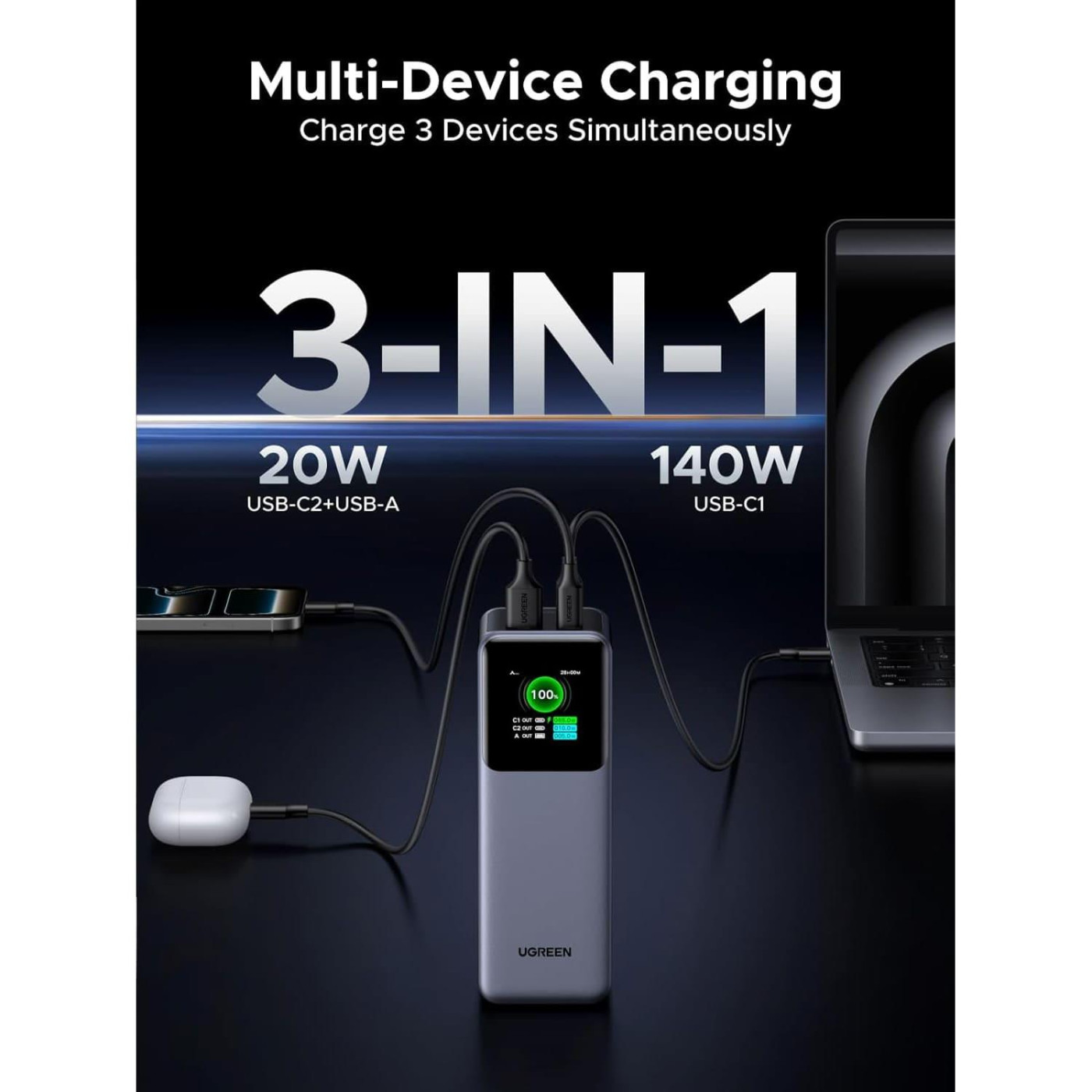 Павербанк Ugreen Gray 25 000 mAh / 200 Вт (35525B)
