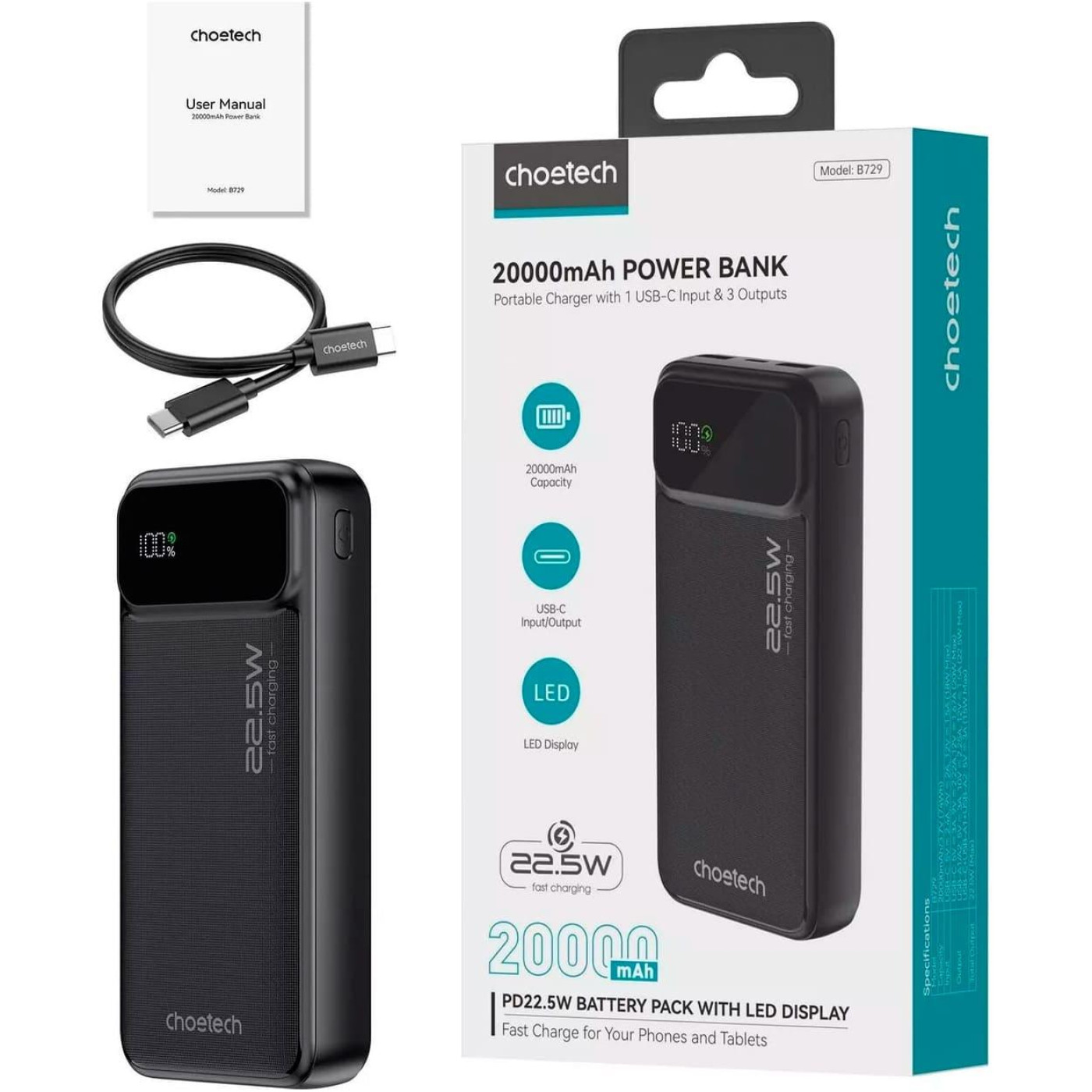 Павербанк Choetech Black 20 000 mAh / 22.5 Вт (B729)