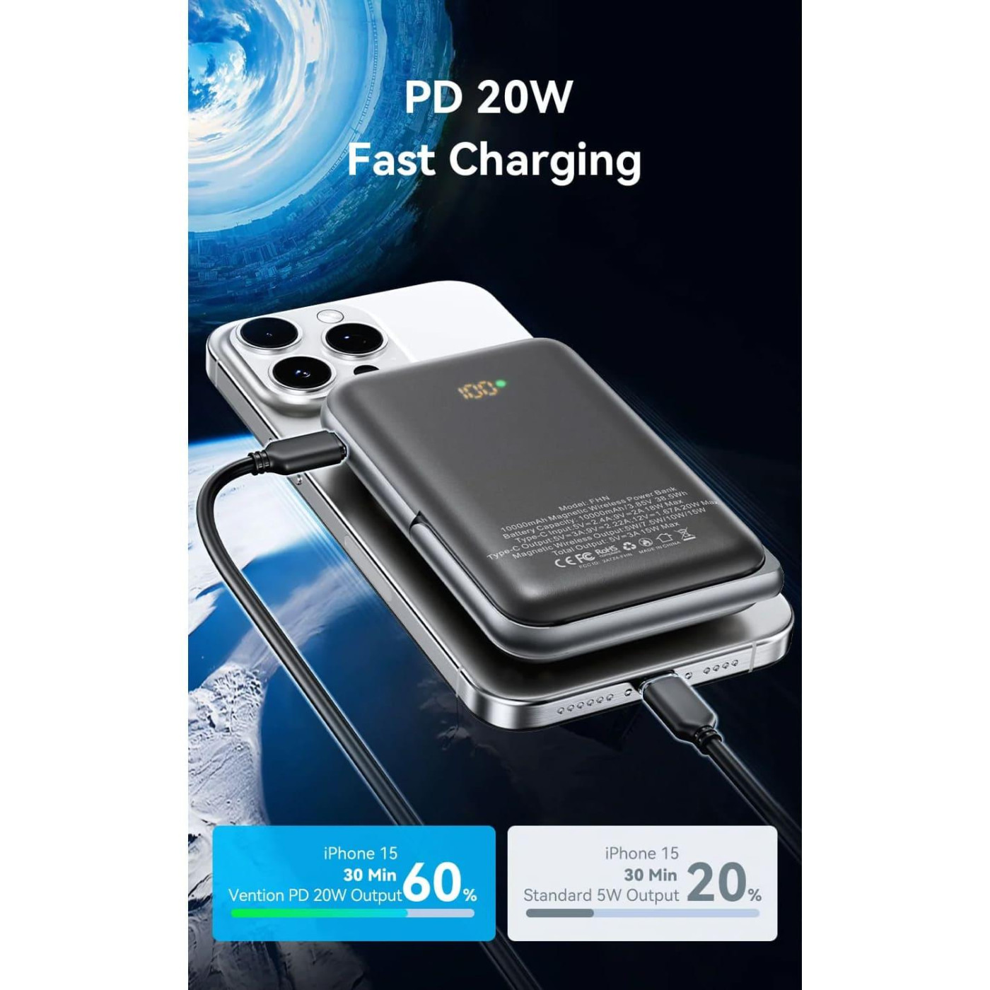 Павербанк Vention Magnetic Wireless Black 10 000 mAh / 20 Вт (FHNB0)