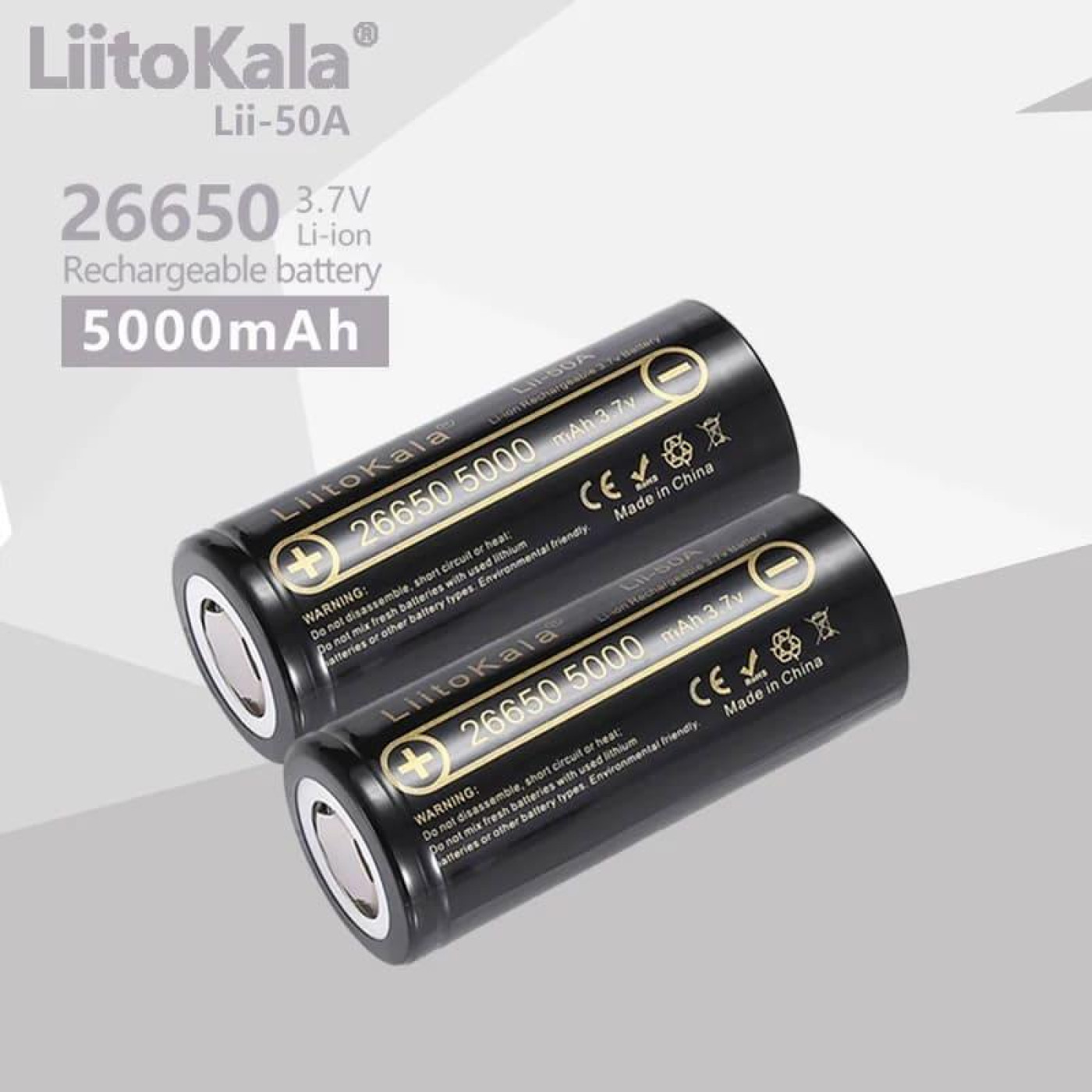 Аккумулятор 26650, 5000 мАч, LiitoKala Lii-50A, 2 шт, Li-ion, 3.7V, Black