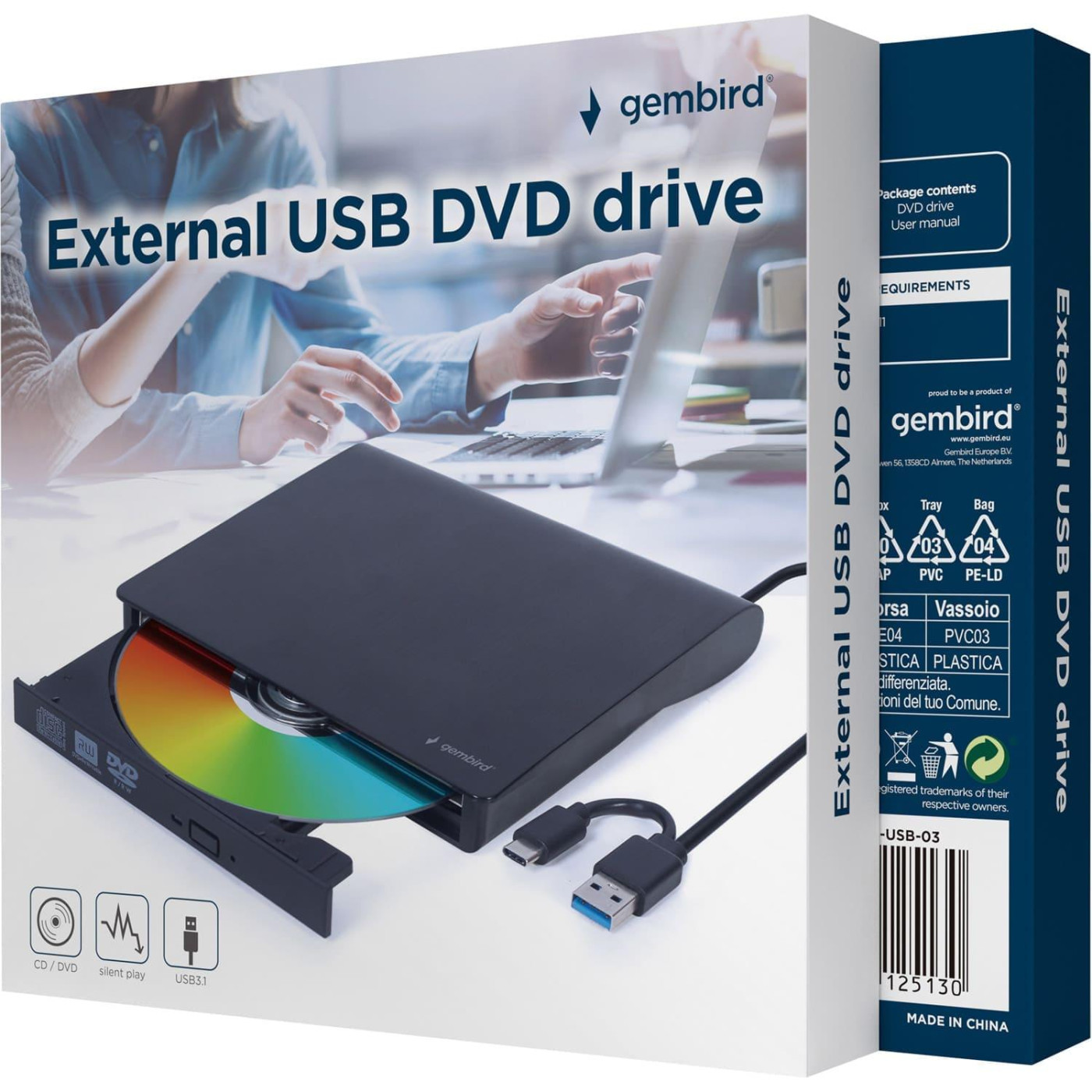 Оптический привод Gembird Gembird, Black, DVD+/-RW, USB 3.1 / Type-C (DVD-USB-03)