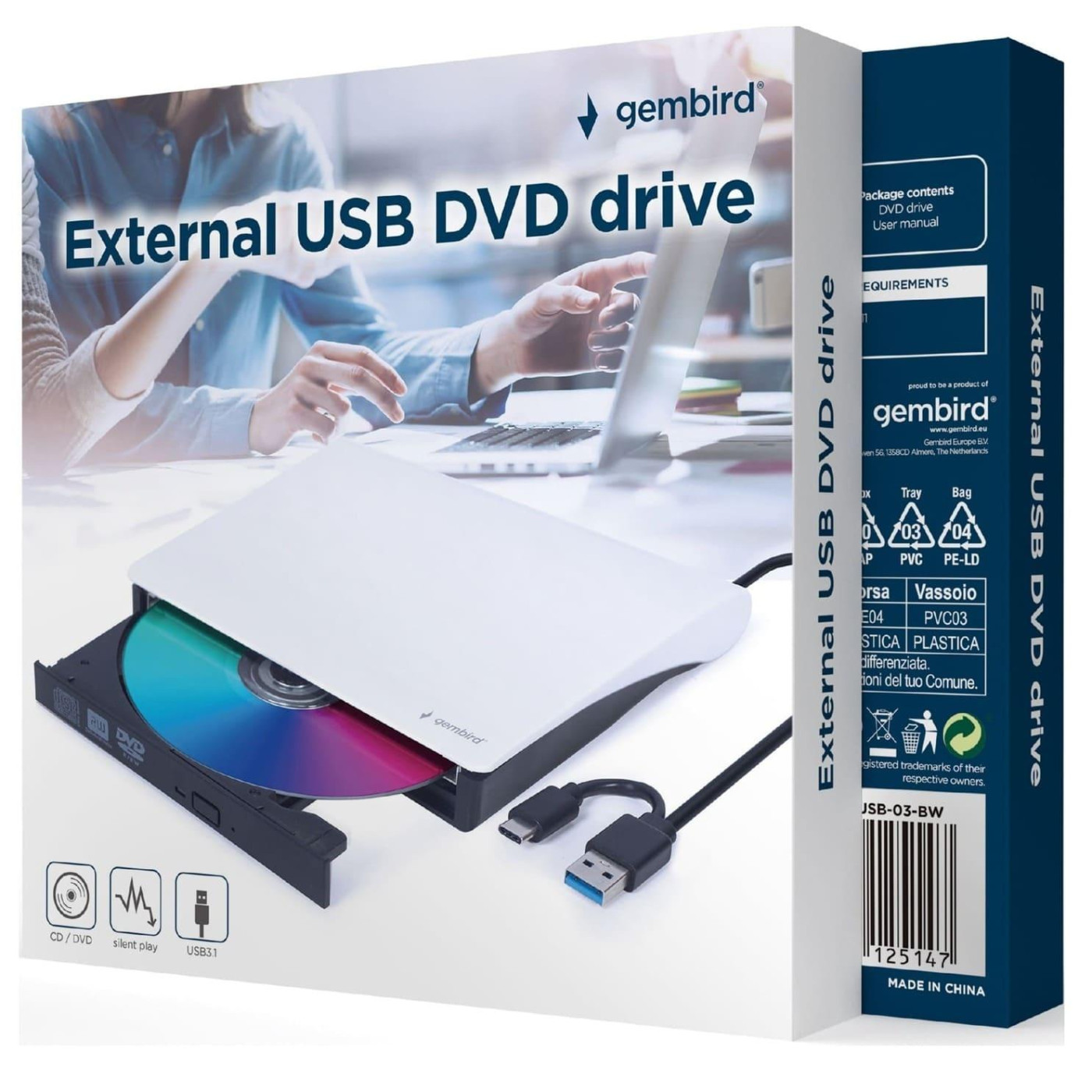 Оптичний привід Gembird Gembird, White, DVD+/-RW, USB 3.1 / Type-C (DVD-USB-03-BW)