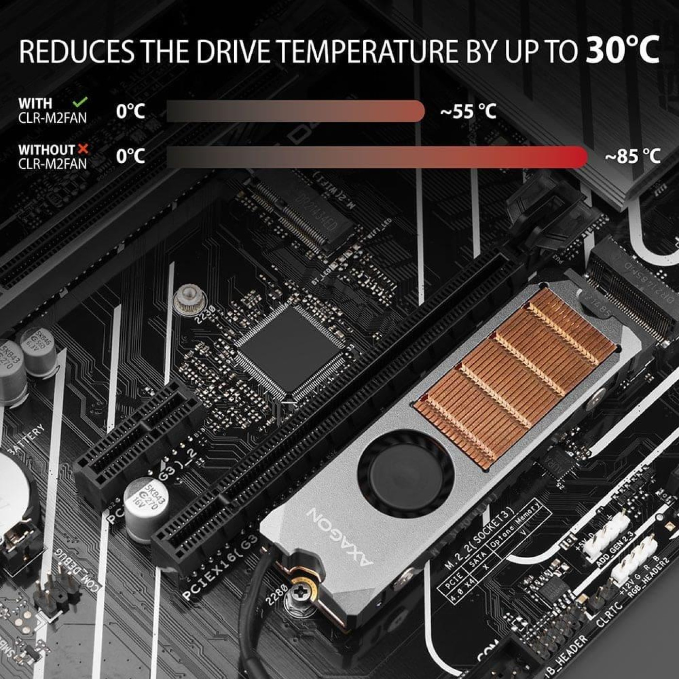Радиатор з вентилятором для накопичувачив AXAGON CLR-M2FAN heatsink for M.2 SSD