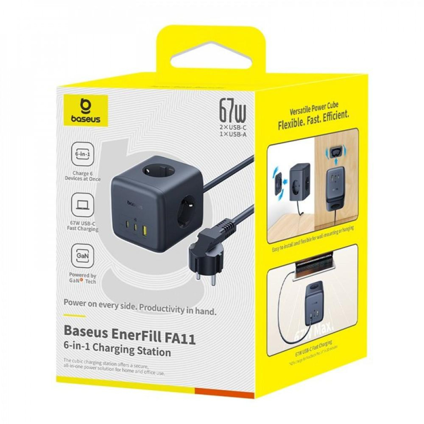 Сетевой фильтр Baseus EnerFill FA11 Cube Power Strip (3xAC + USB + 1xType-C 67W) (1.5m) black (E00082100123-00)