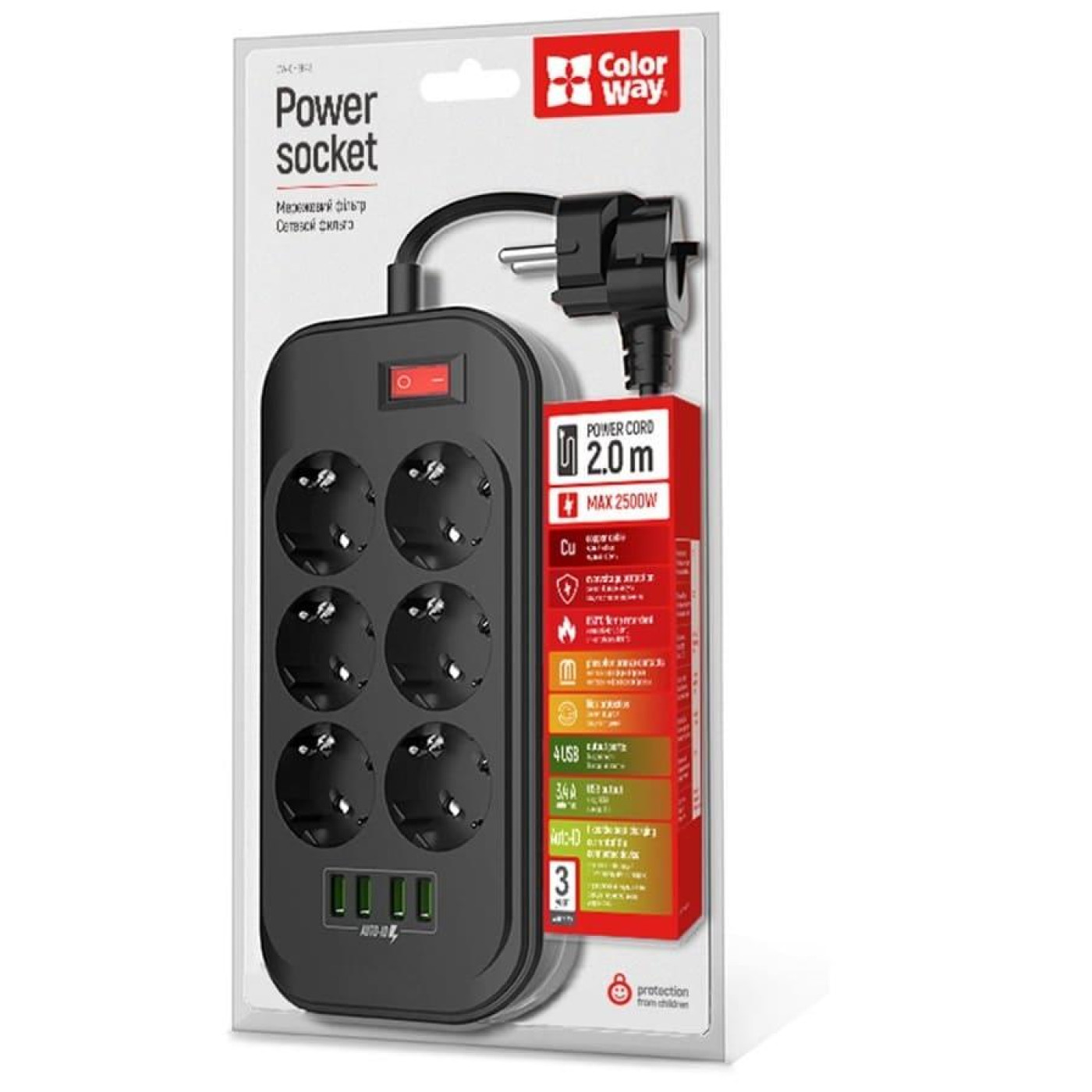 Сетевой фильтр CW-CHE64B, 6 розеток/4USB Black (CW-CHE64B)