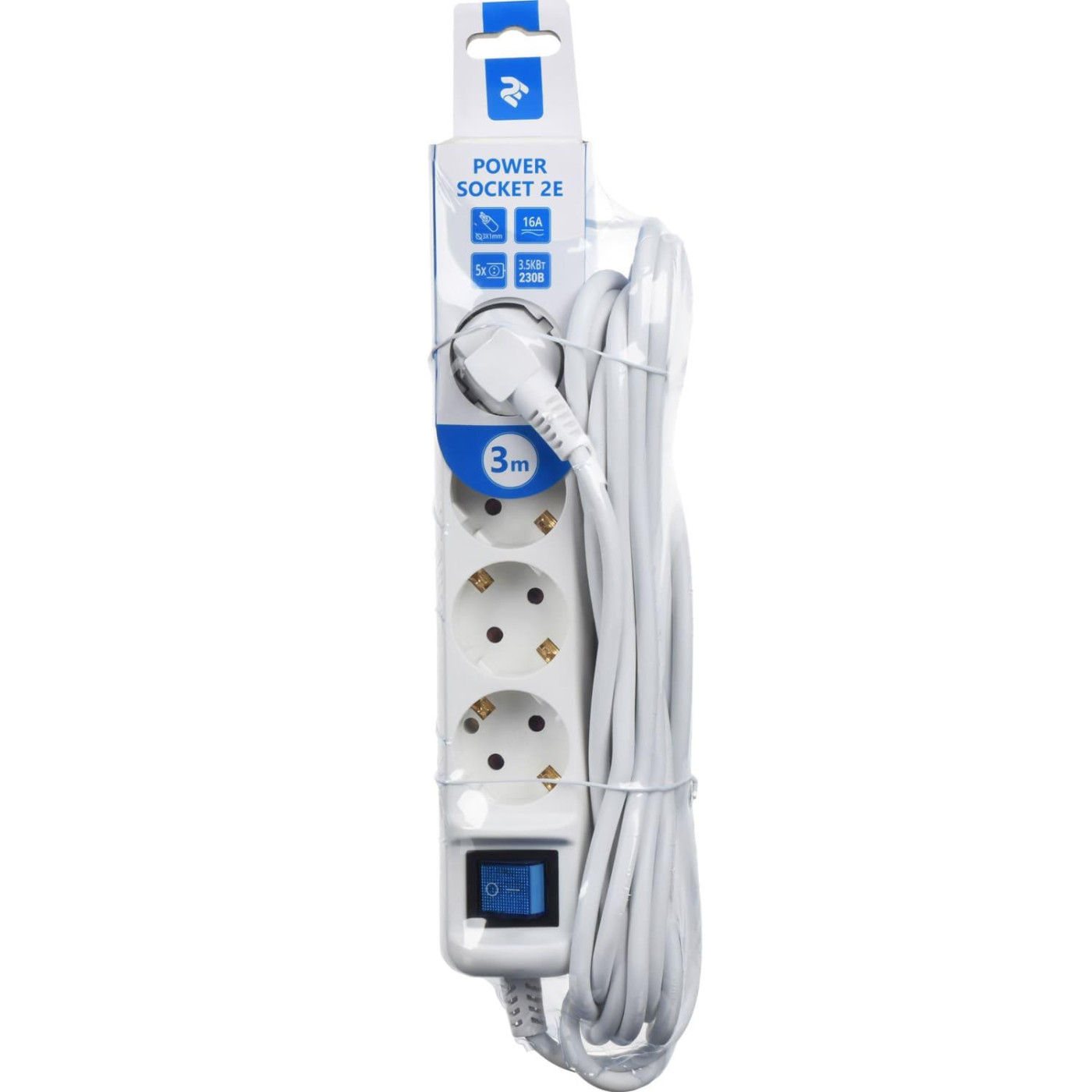 Сетевой фильтр 3 м, 2E, White, 5 розеток, 16А, до 3.5 кВт, выключатель, заземление (2E-U05ESM3W)