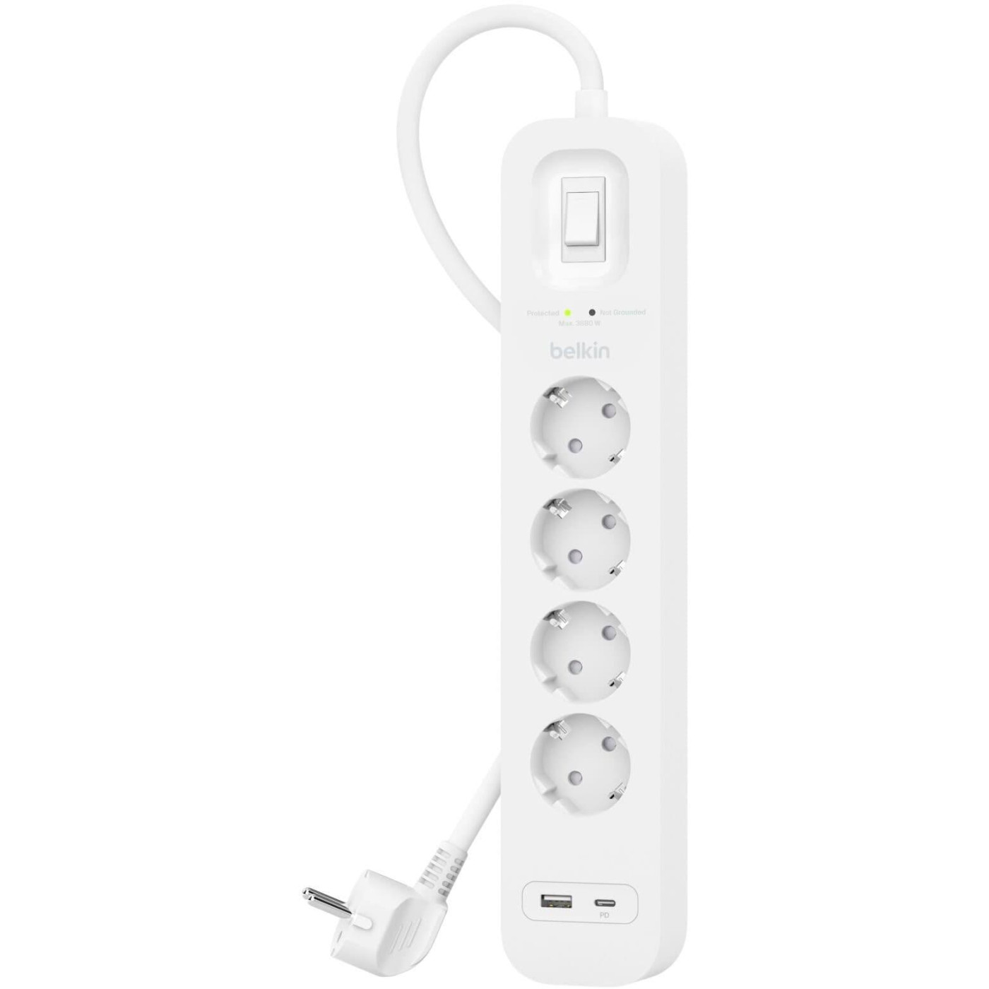 Подовжувач мережевий Belkin 2м, 4хТипE, 16А, USB-A/USB-C 18Вт, фильтр, билий