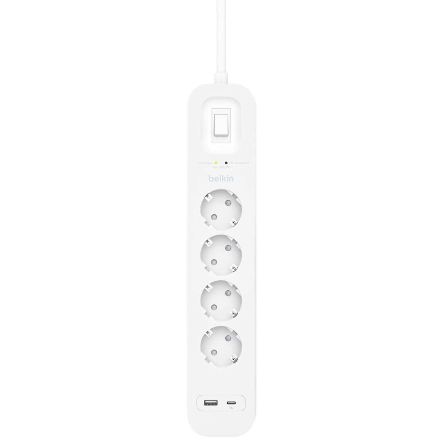 Подовжувач мережевий Belkin 2м, 4хТипE, 16А, USB-A/USB-C 18Вт, фильтр, билий