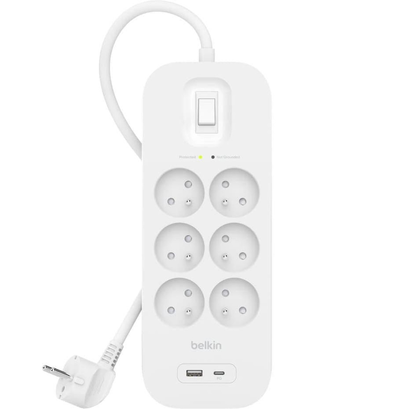 Подовжувач мережевий Belkin 2м, 6хТипE, 16А, USB-A/USB-C 18Вт, фильтр, билий