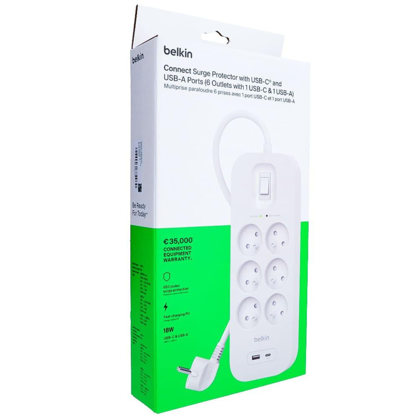Подовжувач мережевий Belkin 2м, 6хТипE, 16А, USB-A/USB-C 18Вт, фильтр, билий