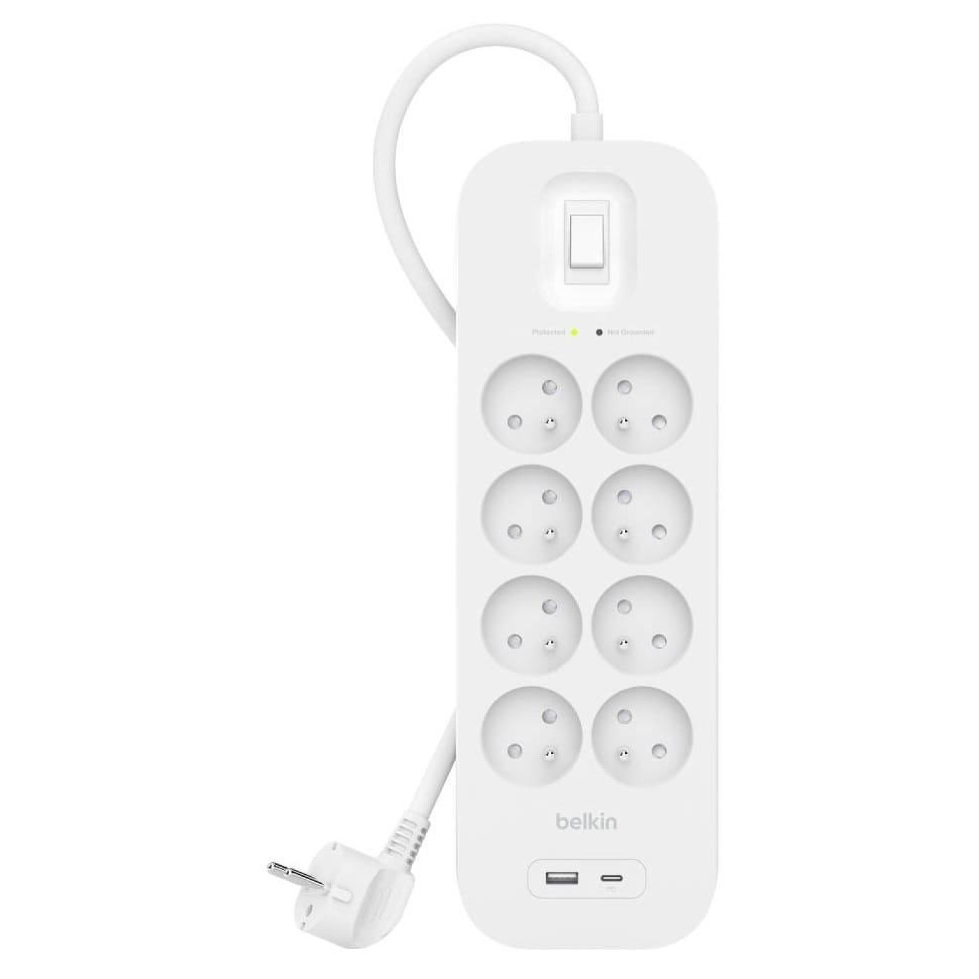Подовжувач мережевий Belkin 2м, 8хТипE, 16А, USB-A/USB-C 18Вт, фильтр, билий
