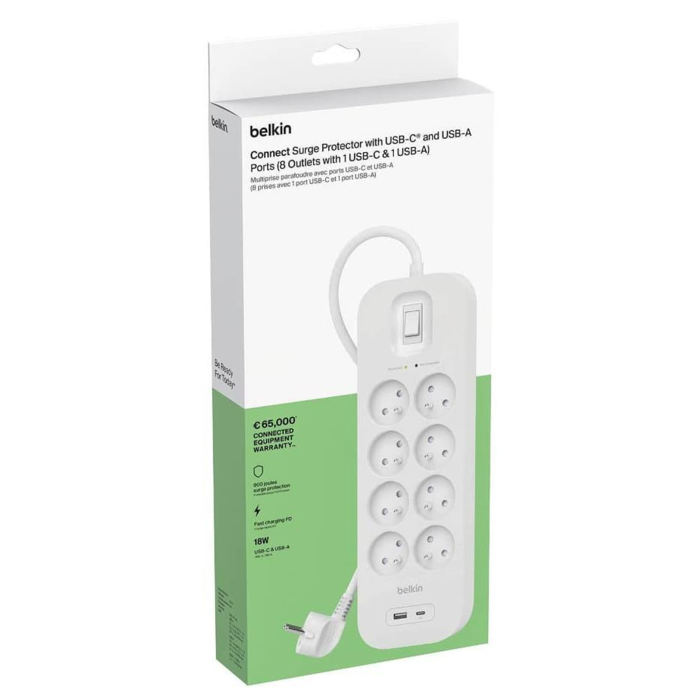 Подовжувач мережевий Belkin 2м, 8хТипE, 16А, USB-A/USB-C 18Вт, фильтр, билий