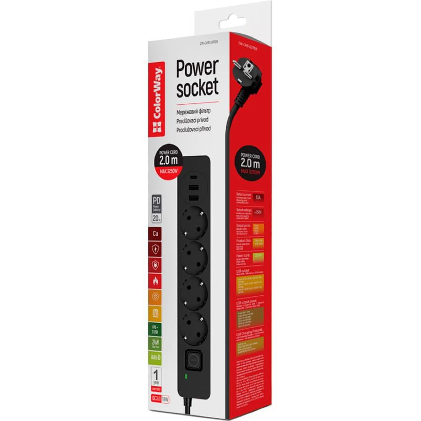 Мережевий фильтр-подовжувач СolorWay 4 розетки/3USB (2USB-A + 1 TYPE-C) (24W) Black 2M