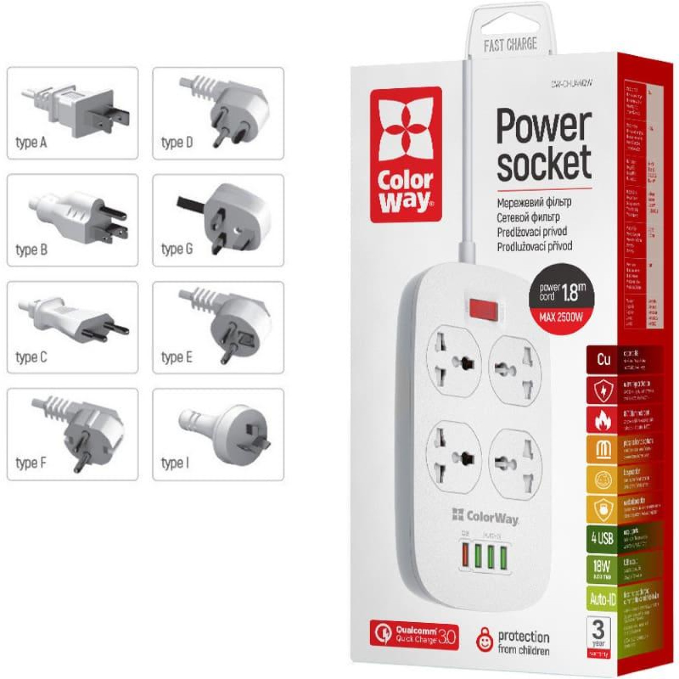 Сетевой фильтр CW-CHU44QW 4 розетки, 4 USB (1QC3.0+3 AUTO ID), 1.8 м, белый (CW-CHU44QW)