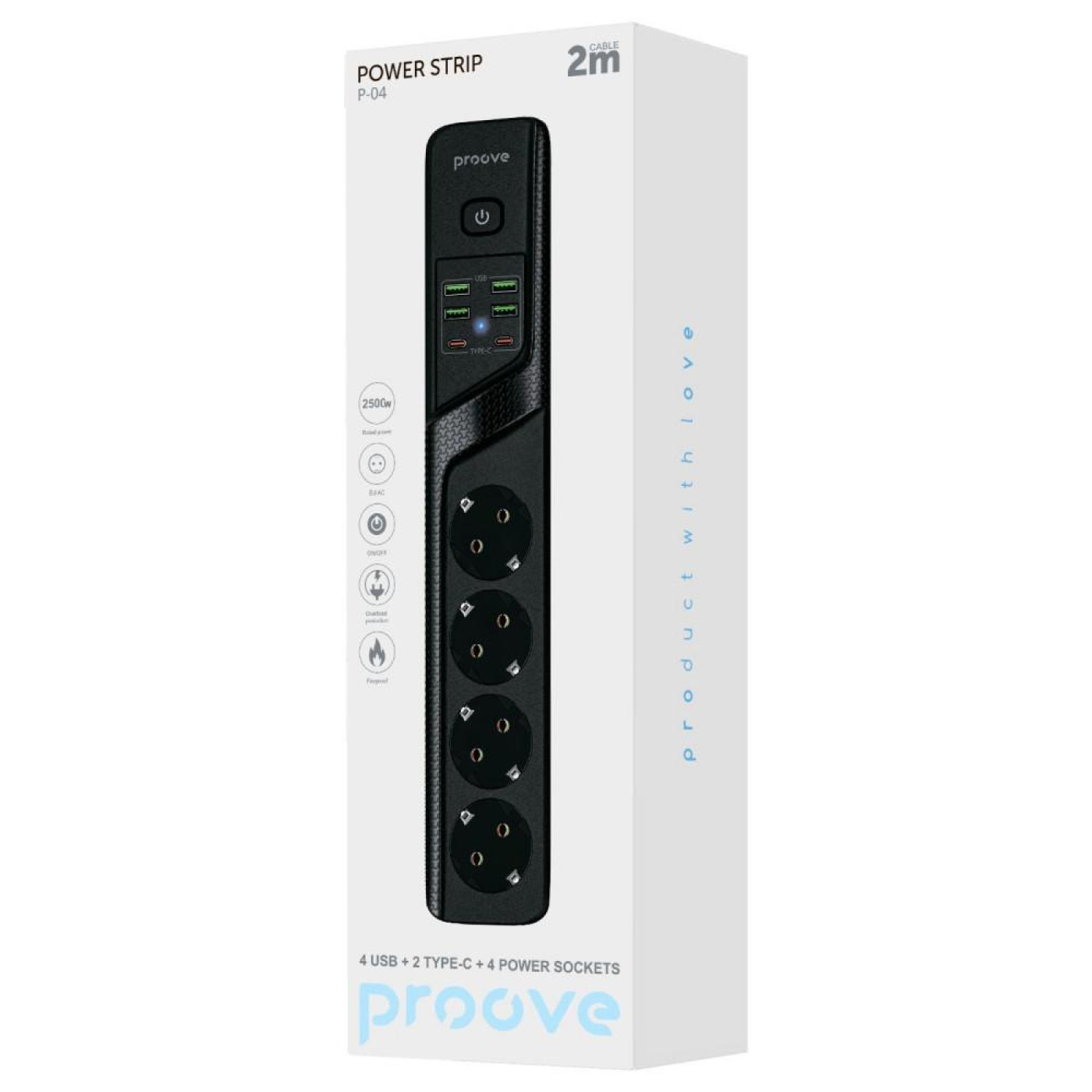 Сетевой фильтр Proove Power Strip P-04 (4 розетки + 4 USB + 2 Type-C) 2М black (PSP442420001)