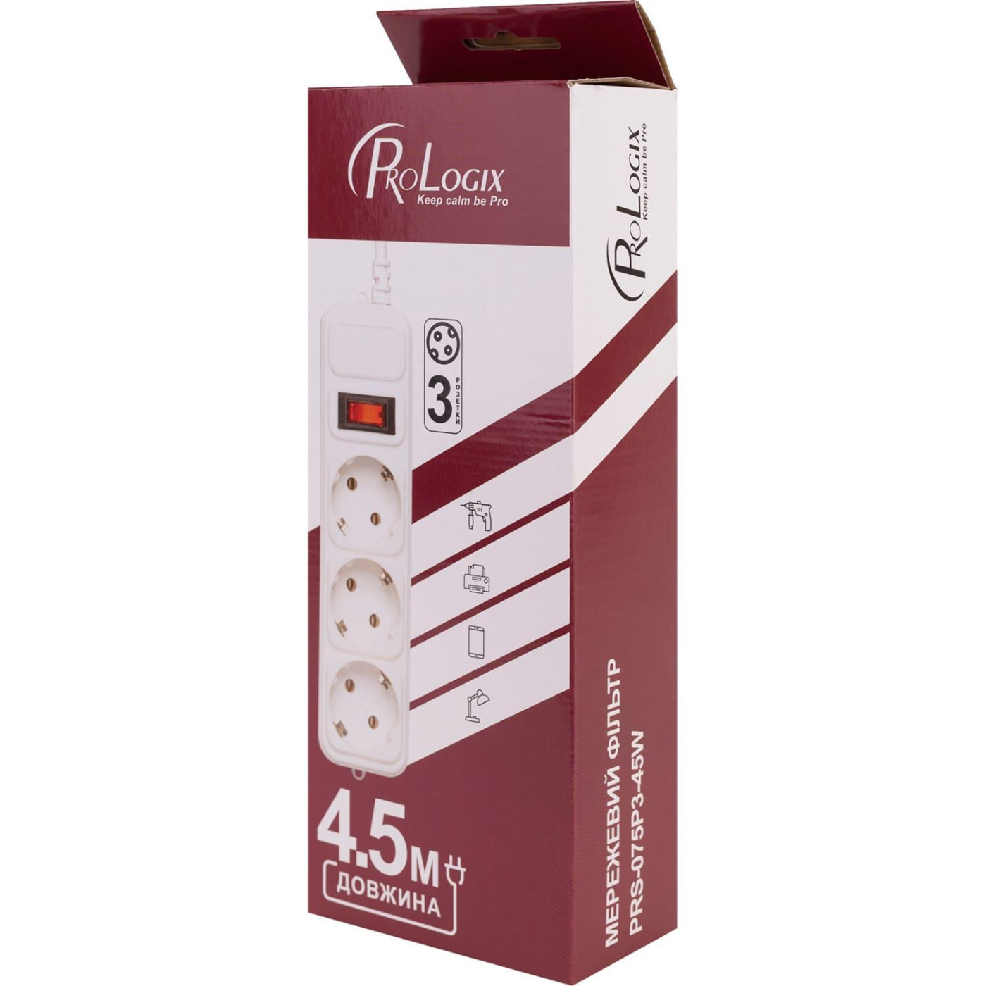 Сетевой фильтр 0.75 мм, 3 розетки, 4.5 м, белый (PRS-075P3-45W)