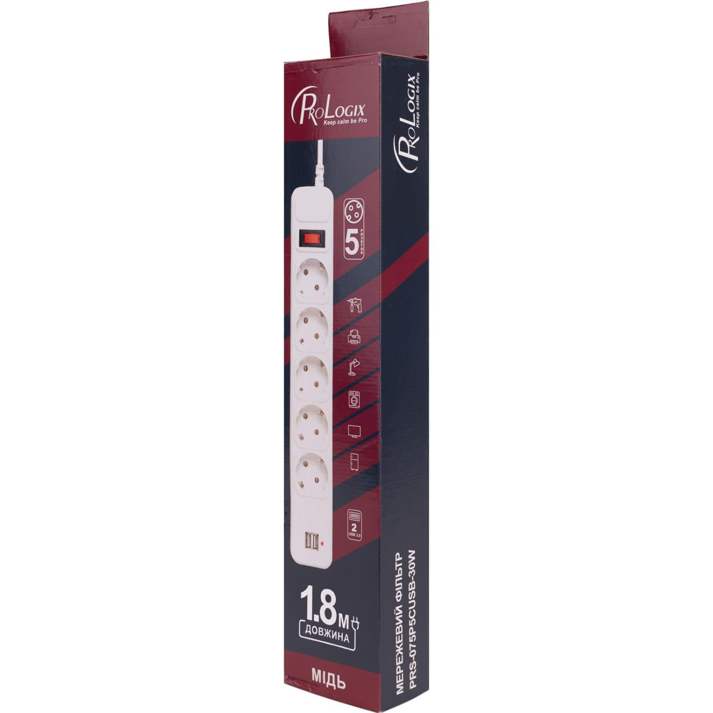 Мережевий фільтр 0.75 мм медь , 5 розеток, 1.8 м, 2xUSB 3.0, белий (PRS-075P5CUSB-18W)