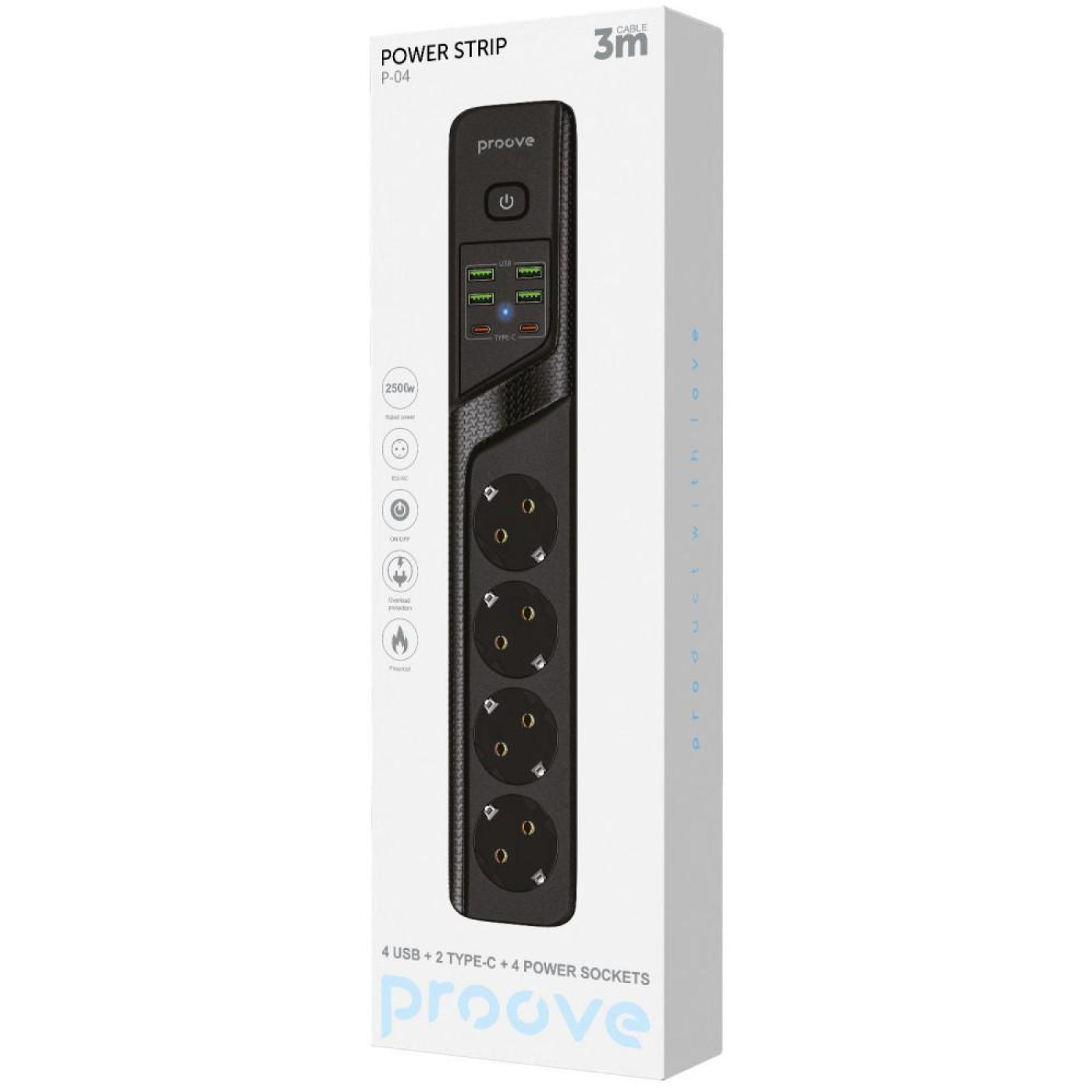 Сетевой фильтр Proove Power Strip P-04 (4 розетки + 4 USB + 2 Type-C) 3M black (PSP442430001)