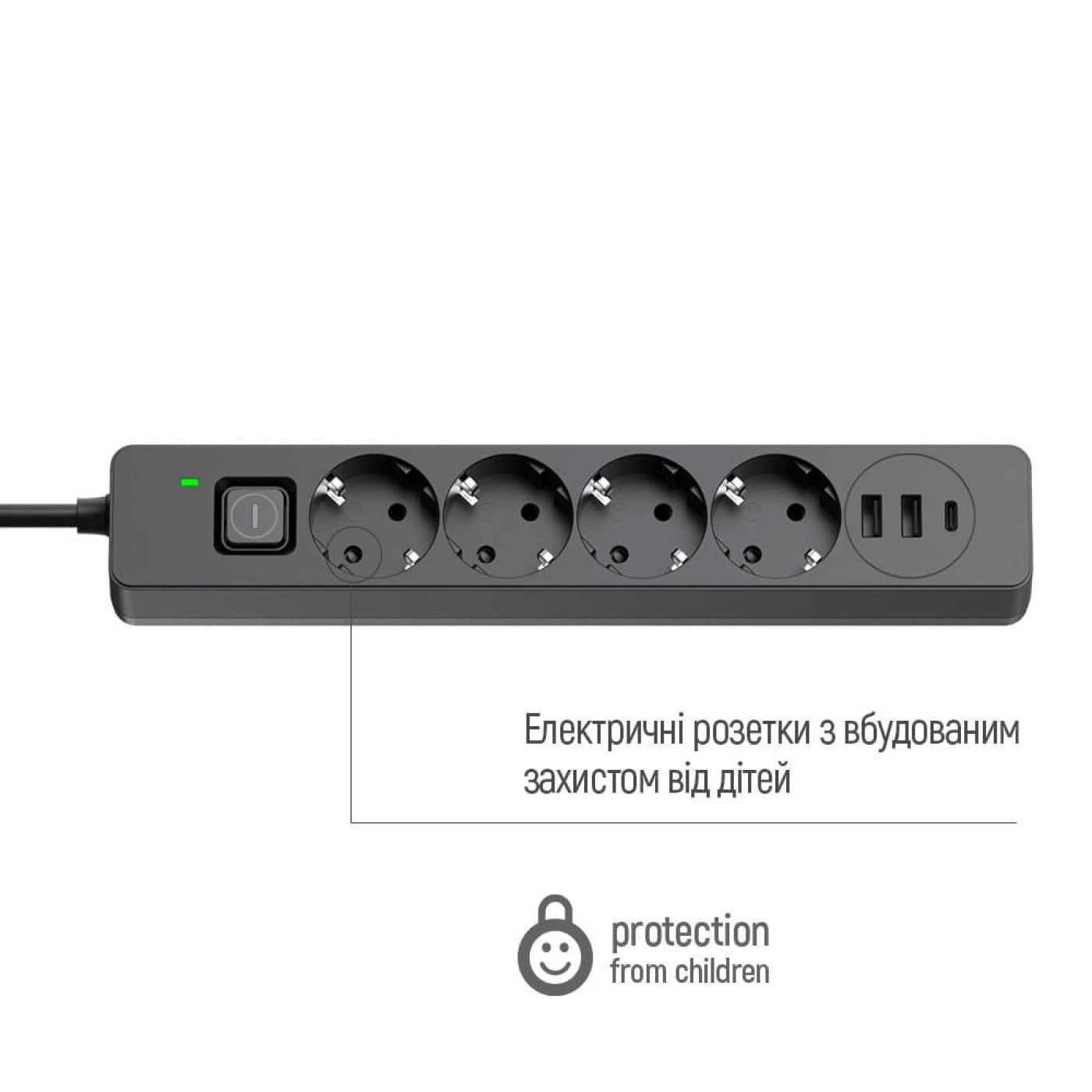 Мережевий фільтр-подовжувач СolorWay 4 розетки/3USB (2USB-A + 1 TYPE-C) (24W) Black 5M