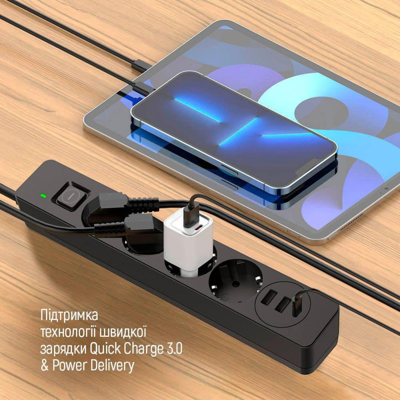 Мережевий фільтр-подовжувач СolorWay 4 розетки/3USB (2USB-A + 1 TYPE-C) (24W) Black 5M