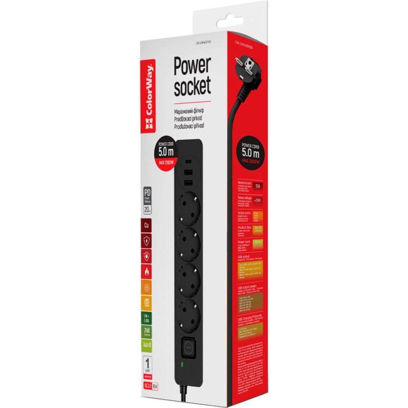 Мережевий фільтр-подовжувач СolorWay 4 розетки/3USB (2USB-A + 1 TYPE-C) (24W) Black 5M