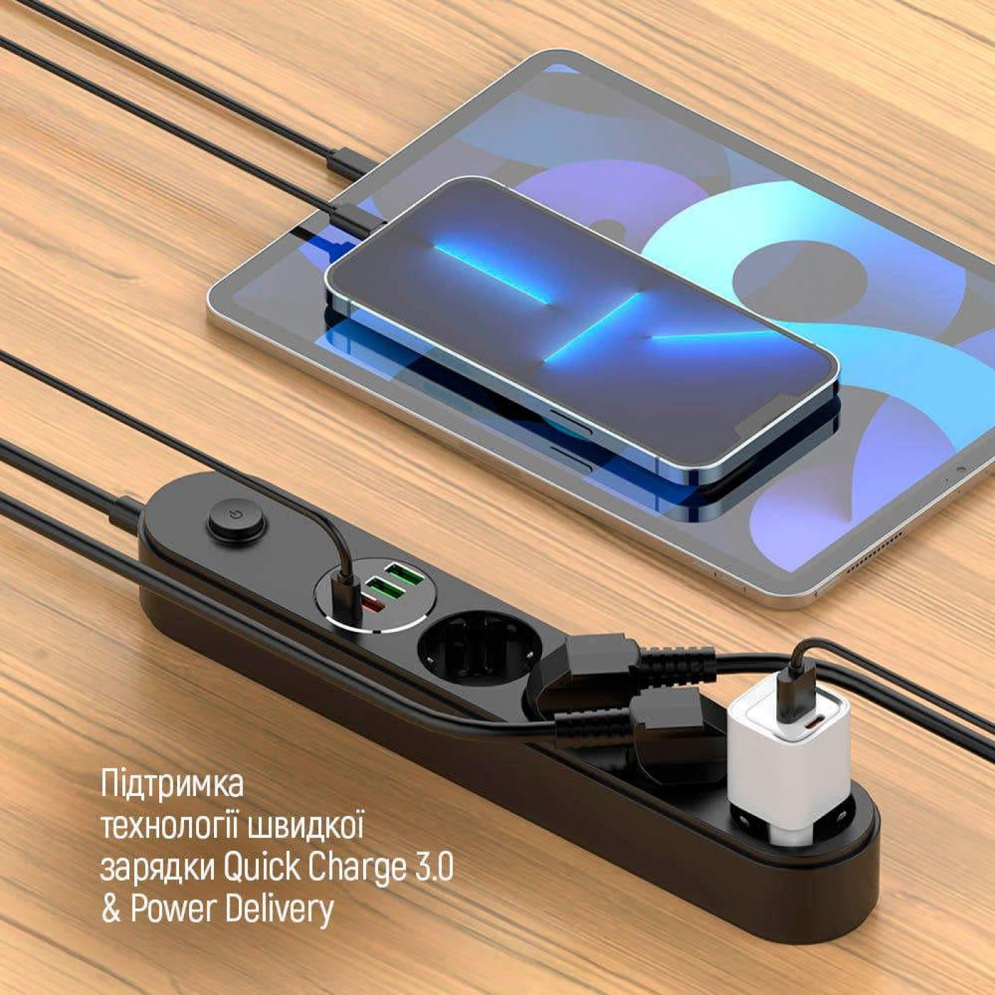 Мережевий фильтр-подовжувач СolorWay 4 розетки/4USB (Type-C PD20W + 3USB QC3.0) (45W) Black 2M