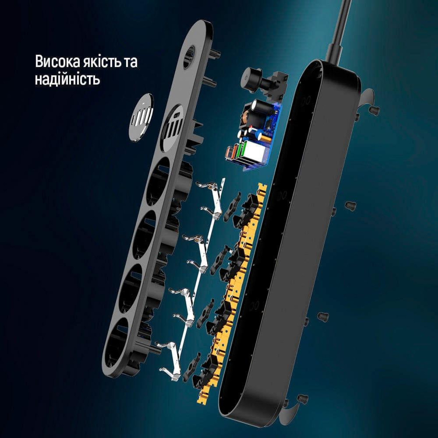 Мережевий фильтр-подовжувач СolorWay 4 розетки/4USB (Type-C PD20W + 3USB QC3.0) (45W) Black 2M