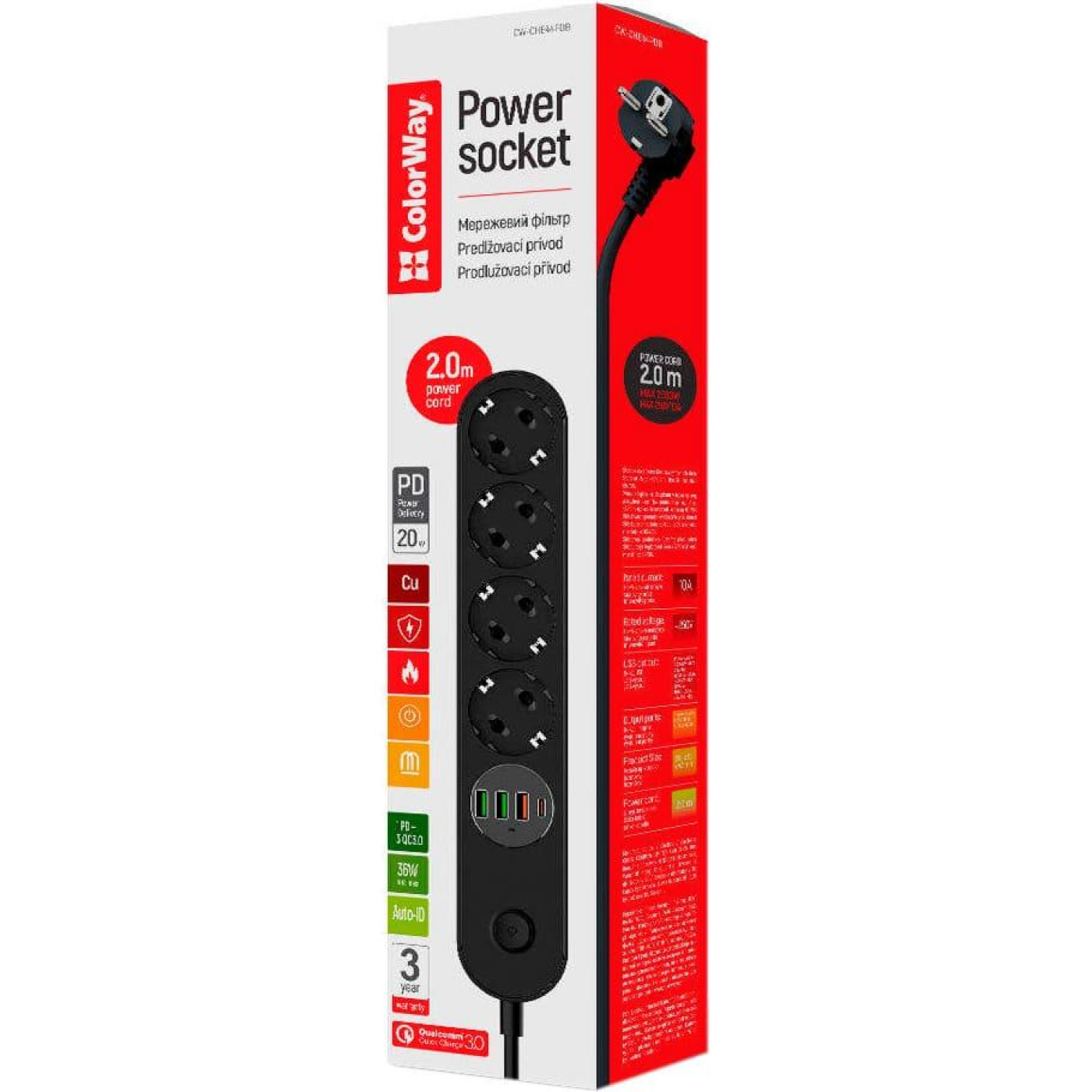 Мережевий фильтр-подовжувач СolorWay 4 розетки/4USB (Type-C PD20W + 3USB QC3.0) (45W) Black 2M