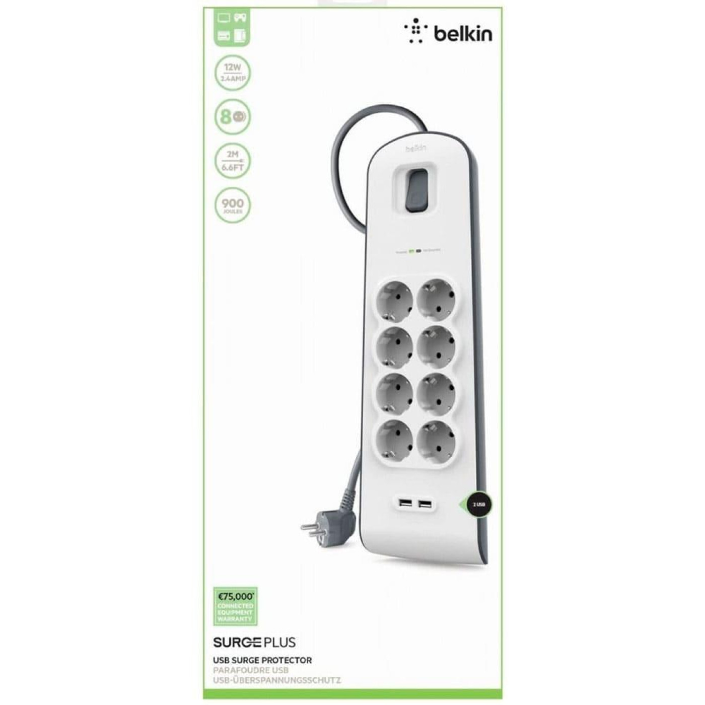 Мережевий фільтр 8хТип F, 3x1.5мм кв, 16А, 2xUSB-A 2.4A, з захистом від перенапруги, 2м, білий (BSV804VF2M-V2)