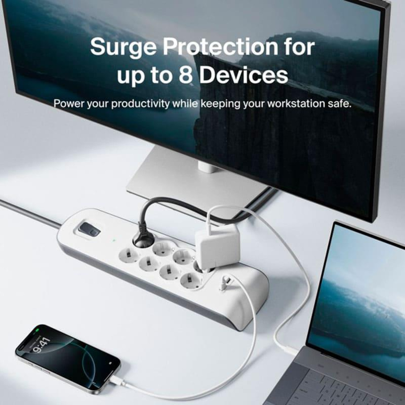 Мережевий фільтр 8хТип F, 3x1.5мм кв, 16А, 2xUSB-A 2.4A, з захистом від перенапруги, 2м, білий (BSV804VF2M-V2)