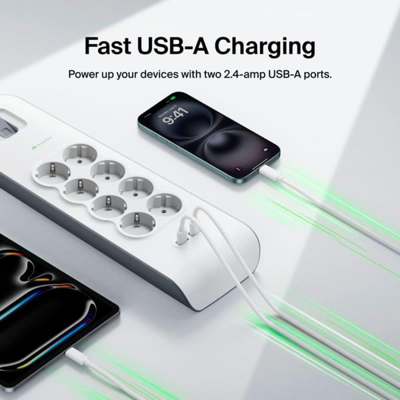 Мережевий фільтр 8хТип F, 3x1.5мм кв, 16А, 2xUSB-A 2.4A, з захистом від перенапруги, 2м, білий (BSV804VF2M-V2)