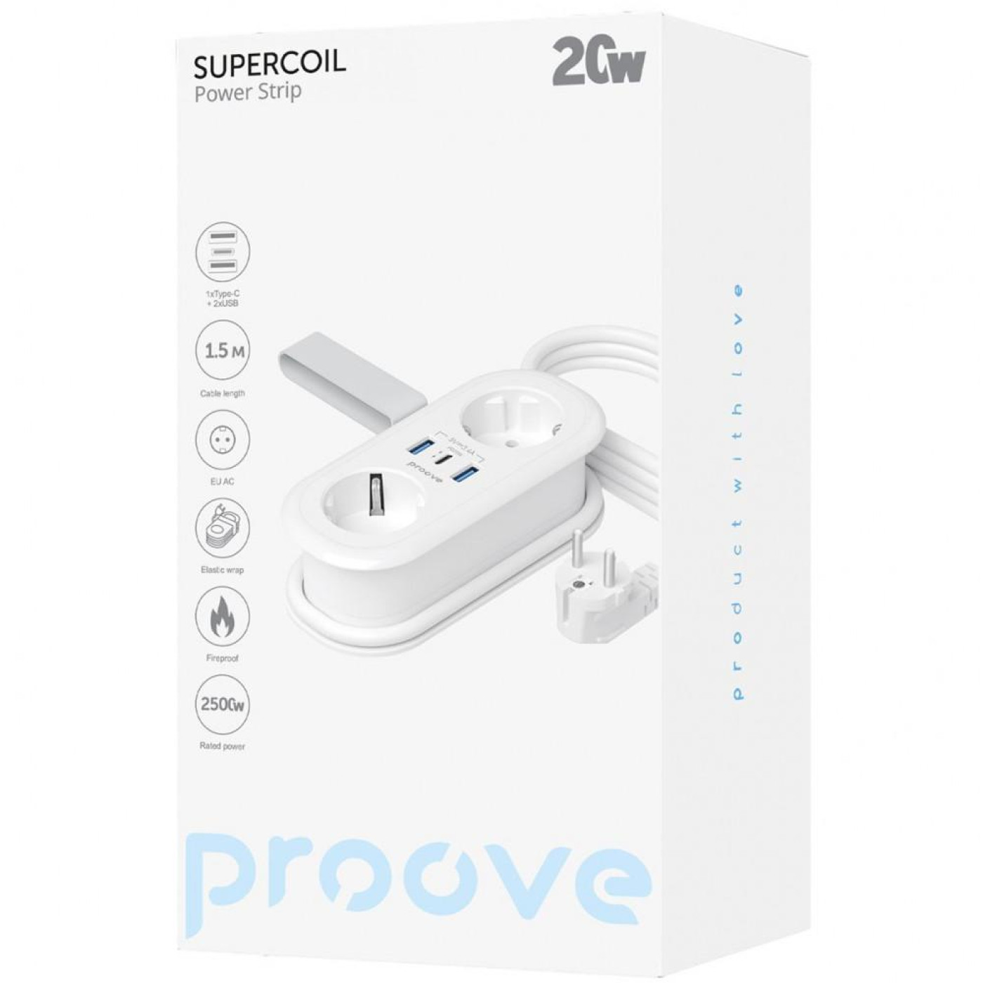 Сетевой фильтр Proove Supercoil 20W (2xAC + Type-C + 2xSB) 1.5m white (PSPS25002102)