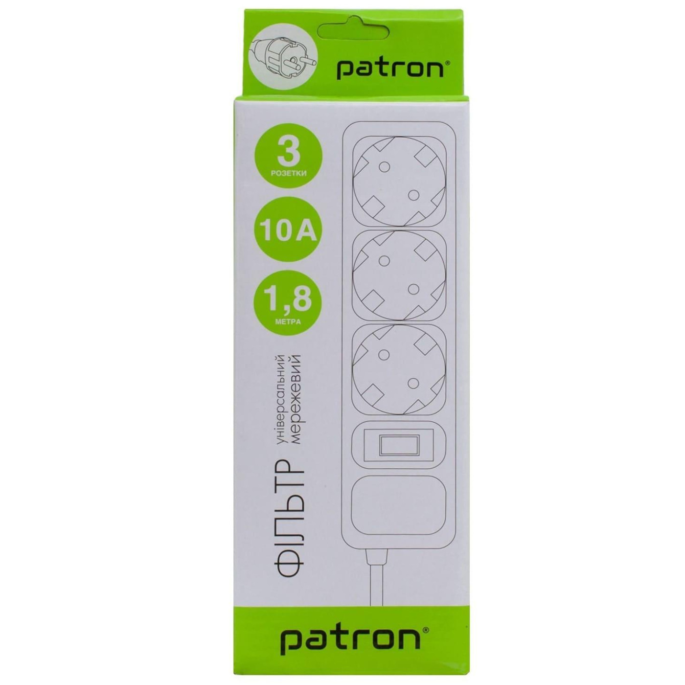 Сетевой фильтр 1.8 м, Patron, Black, 3 розетки, 10А, до 2.5 кВт, выключатель, заземление (SP-1032) (EXT-PN-SP-1032)