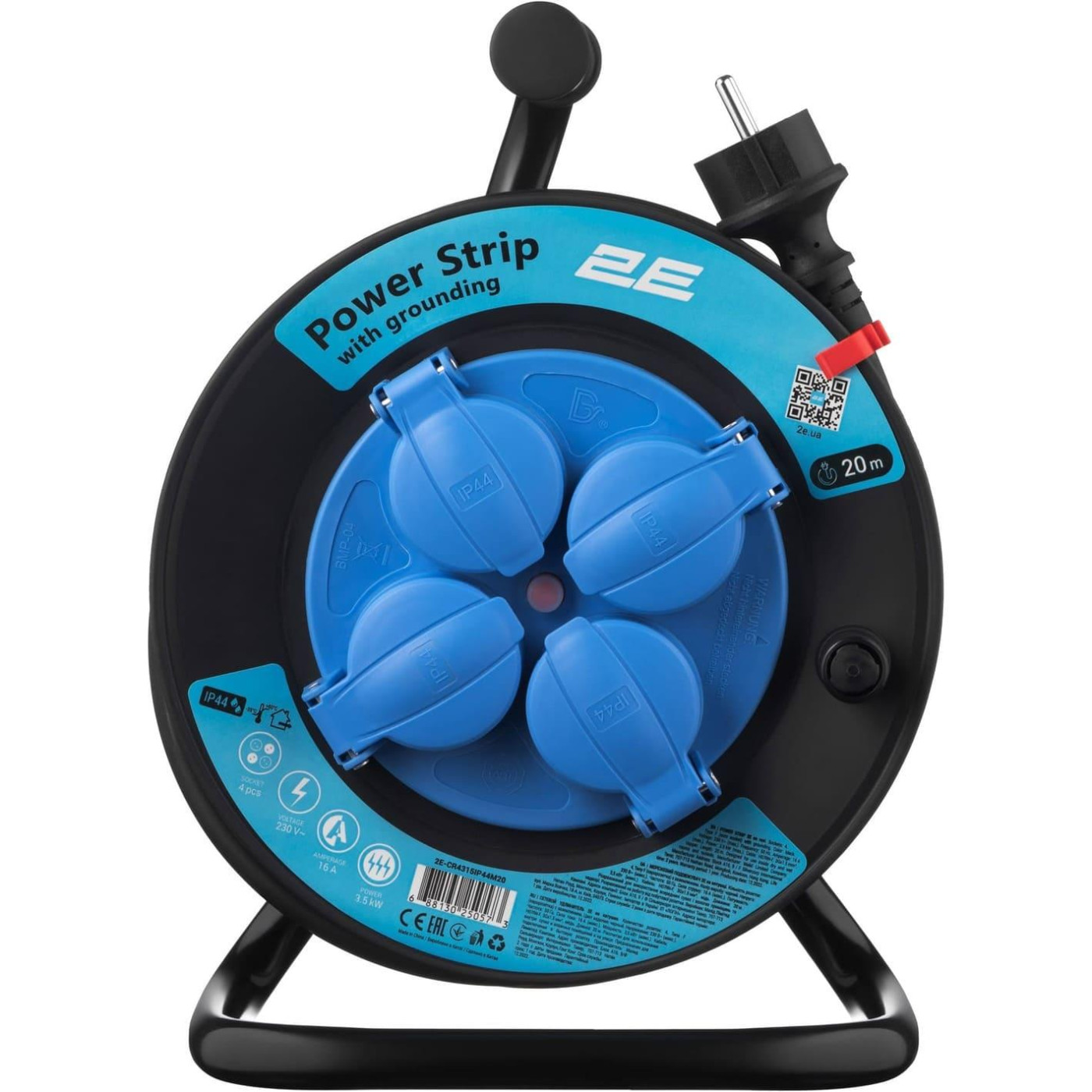 Мережевий фільтр 4XSchuko на котушці, ІР44, 3G*1.5мм, 20м, чорний (2E-CR4315IP44M20)